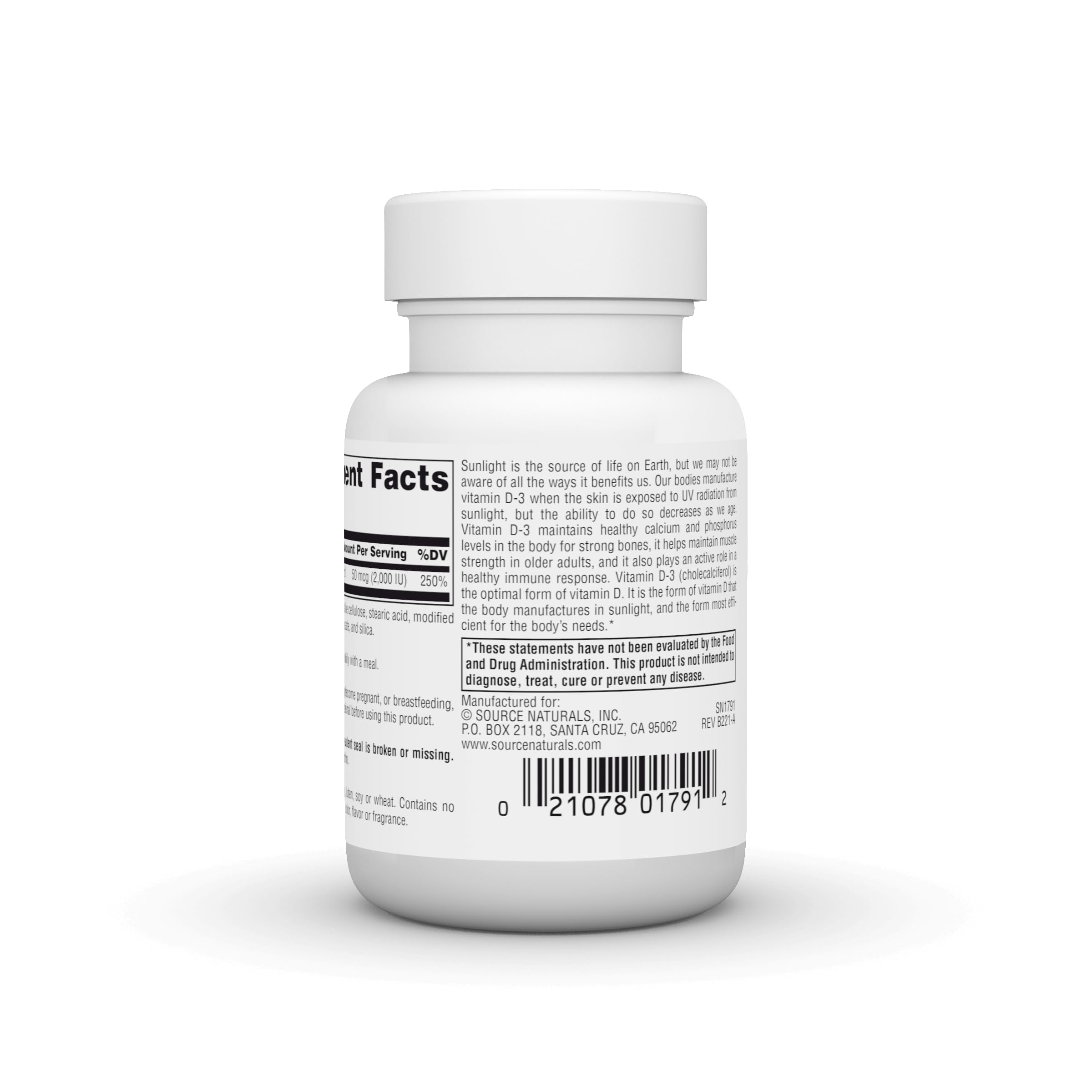 Source Naturals Vitamina D-3 1000 UI, frente de la botella, facilita seguir la dosis diaria.