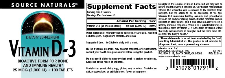 Source Naturals Vitamina D-3 1000 UI, proceso de fabricación en EE. UU., calidad asegurada.