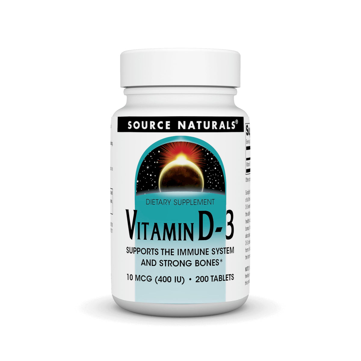 Source Naturals Vitamina D3 400 UI: frasco con tabletas para apoyo óseo.
