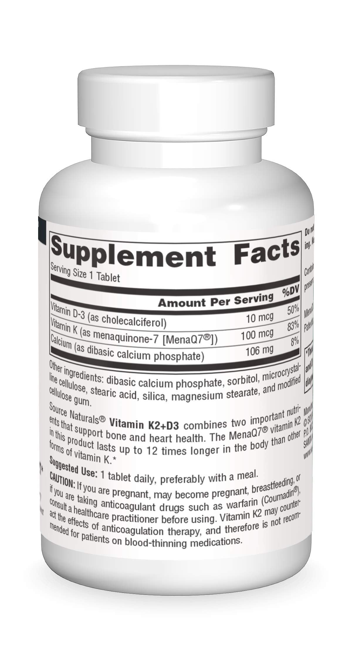 Etiqueta de Source Naturals K2+D3 resaltando ingredientes y beneficios para la salud