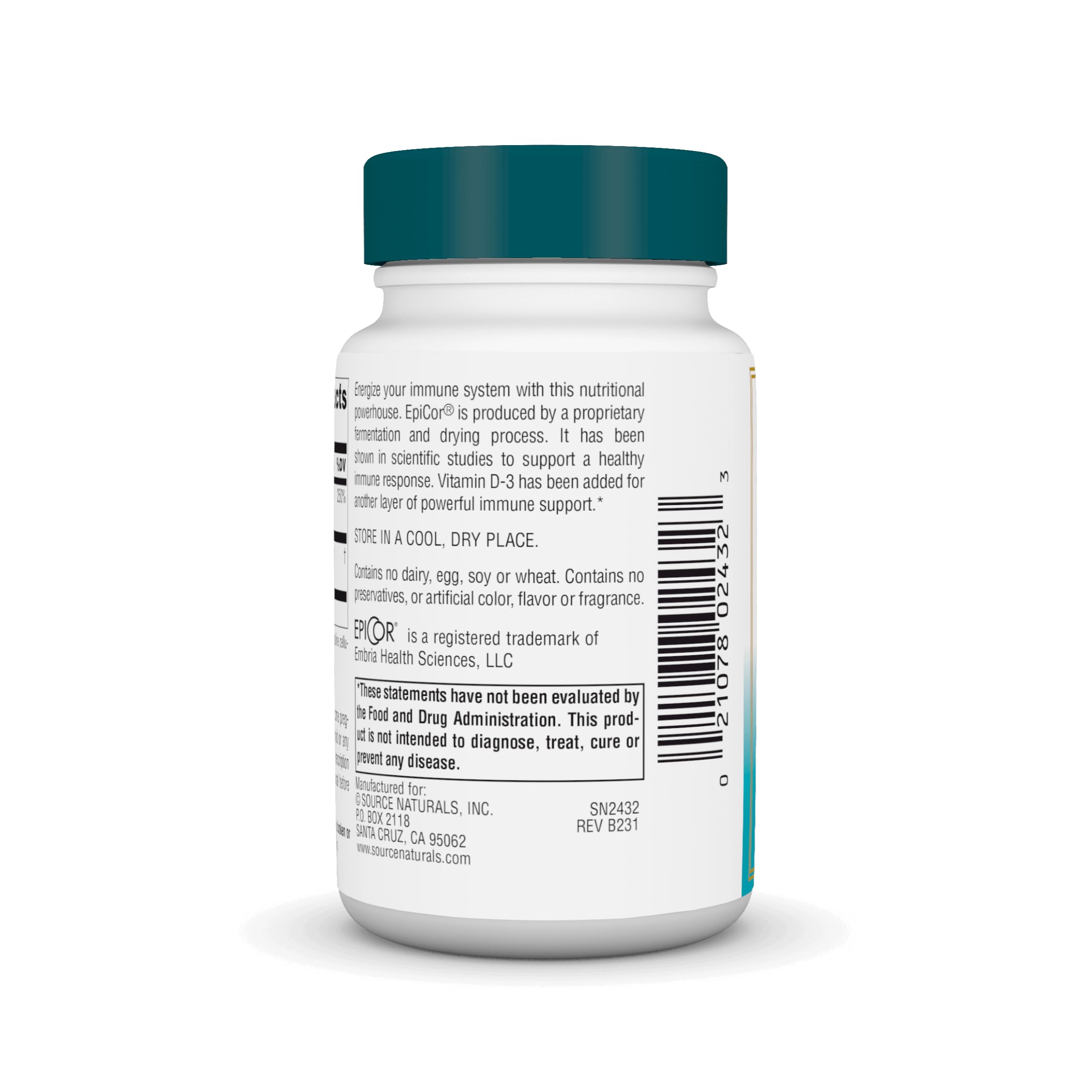 Etiqueta de EpiCor con vitamina D-3, detalle de uso diario.