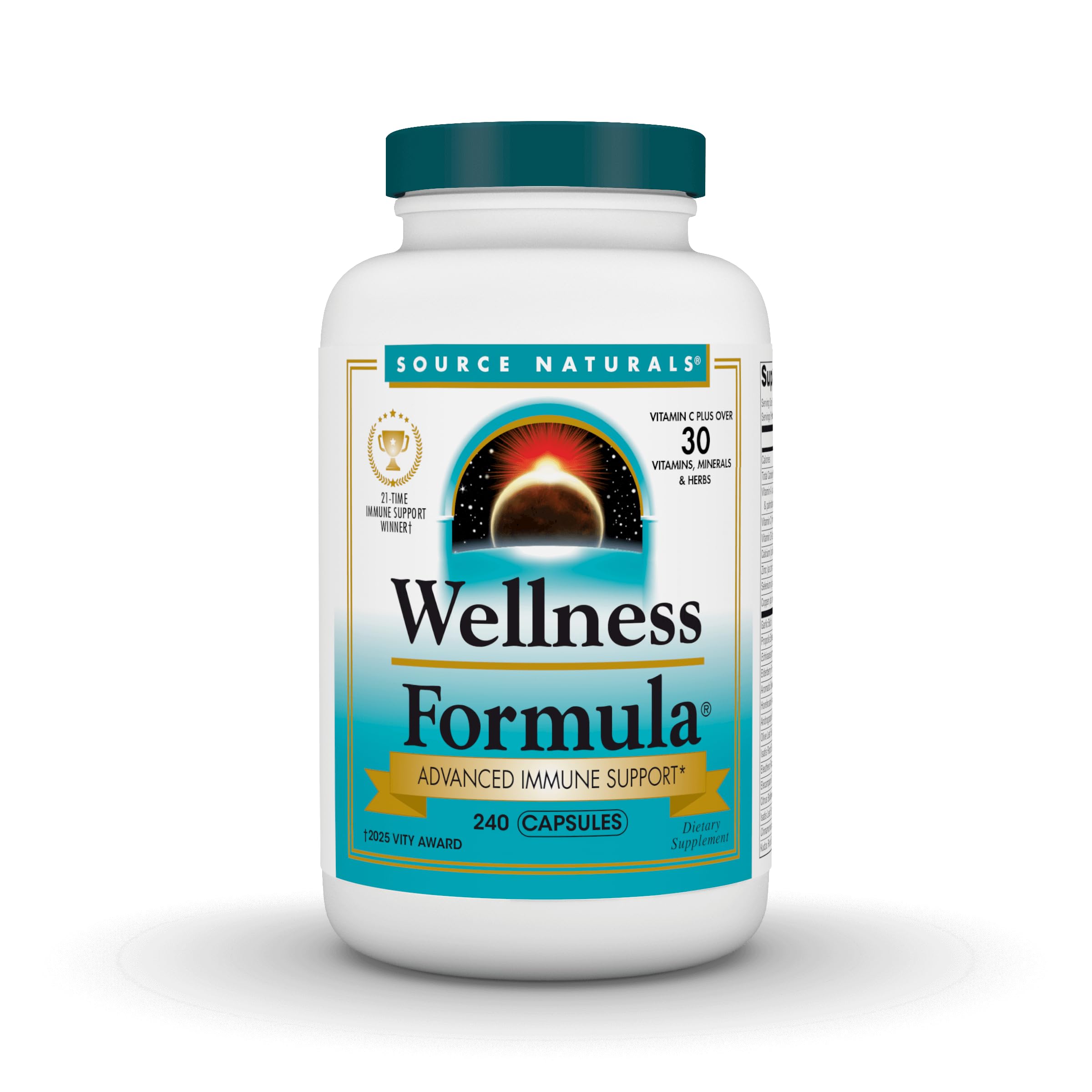 Source Naturals Wellness Formula, botella visible, apoyo diario a la inmunidad y defensa antioxidante.