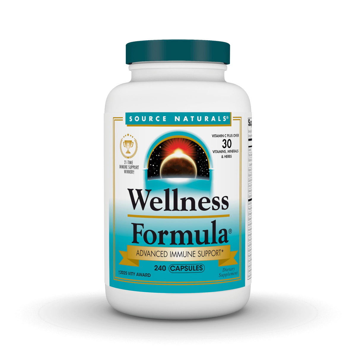 Source Naturals Wellness Formula, botella visible, apoyo diario a la inmunidad y defensa antioxidante.