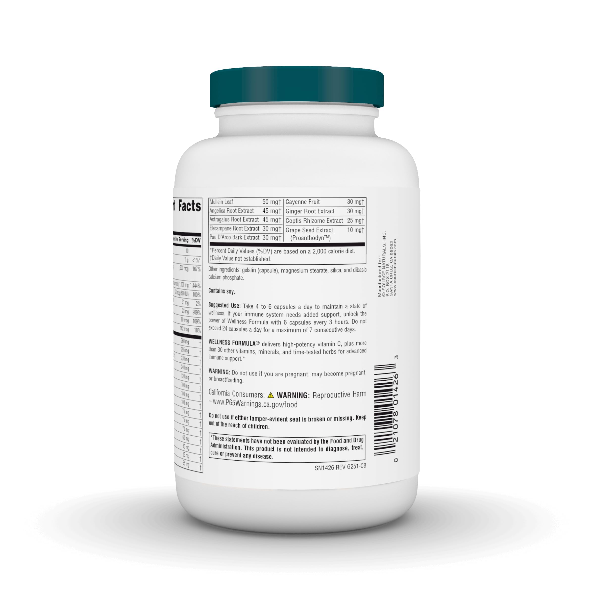Source Naturals Wellness Formula, etiqueta legible, información clara para una toma consciente.