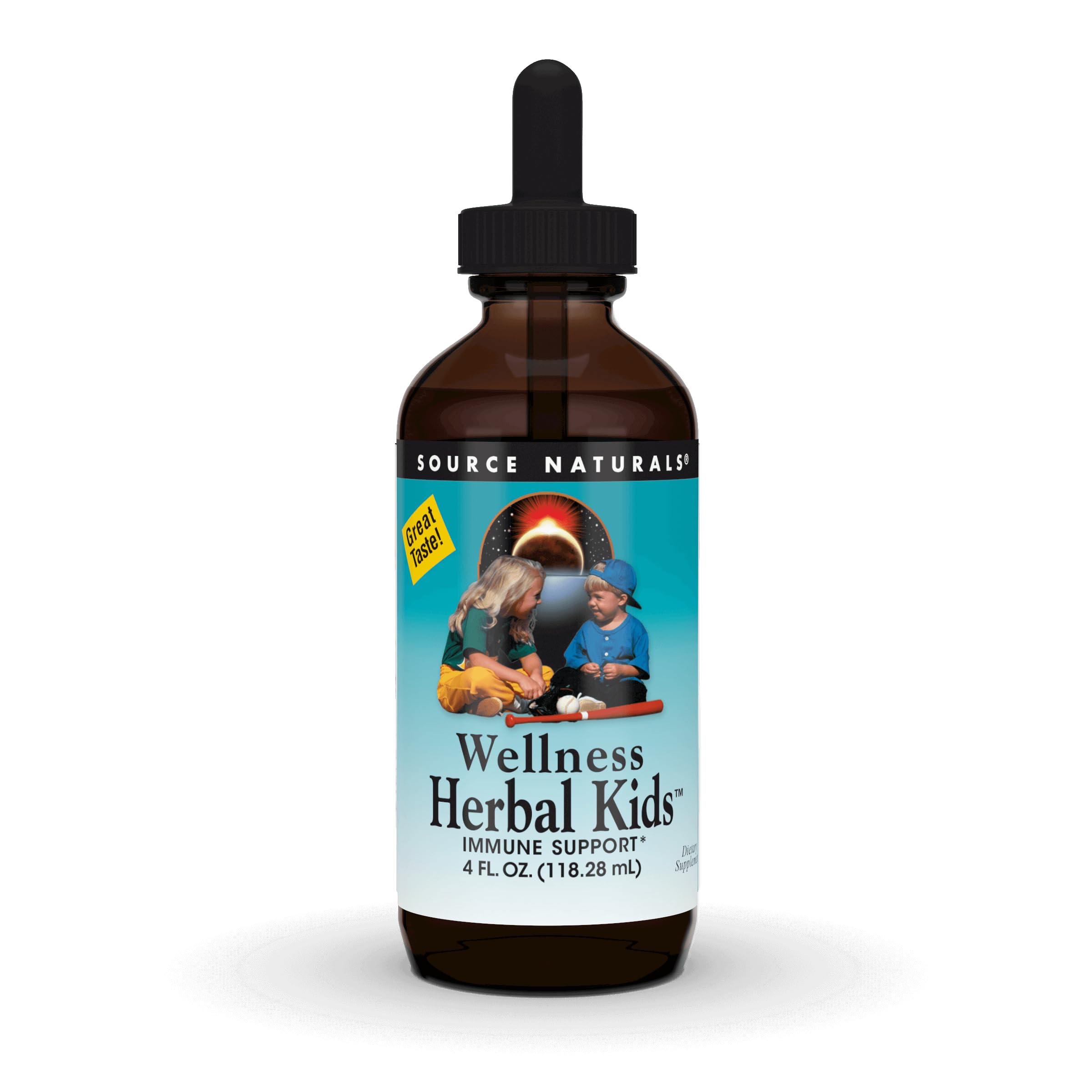 Source Naturals Wellness Herbal Kids, botella-vertido, apoyo suave al sistema inmunológico infantil.