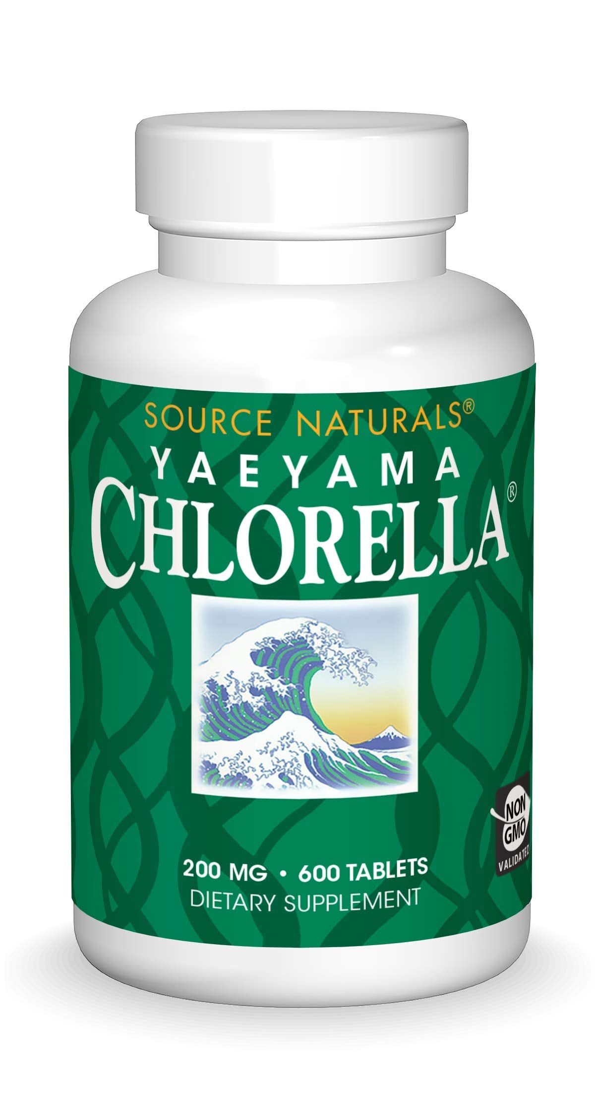 Clorella Yaeyama de Source Naturals, tableta en frasco, fuente vegetal de B12 para uso diario.