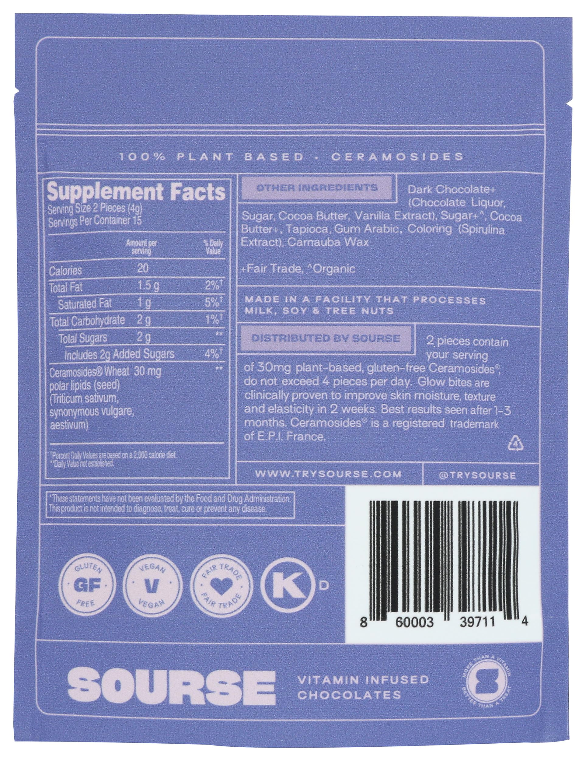 Sourse Dark Chocolate Glow Bites caja de presentación, merienda vegana lista.