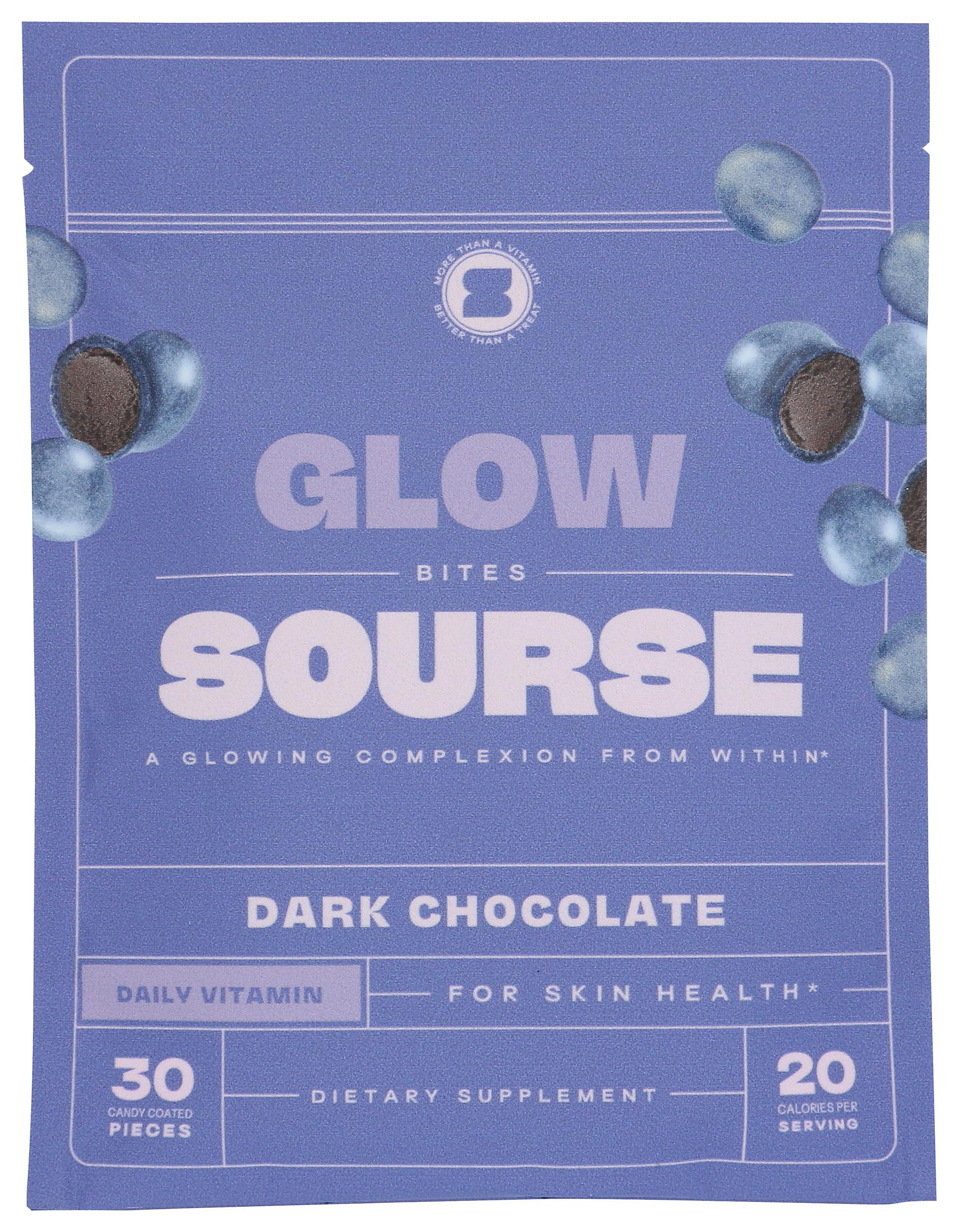 Sourse Dark Chocolate Glow Bites empaque principal, snack diario sin gluten.