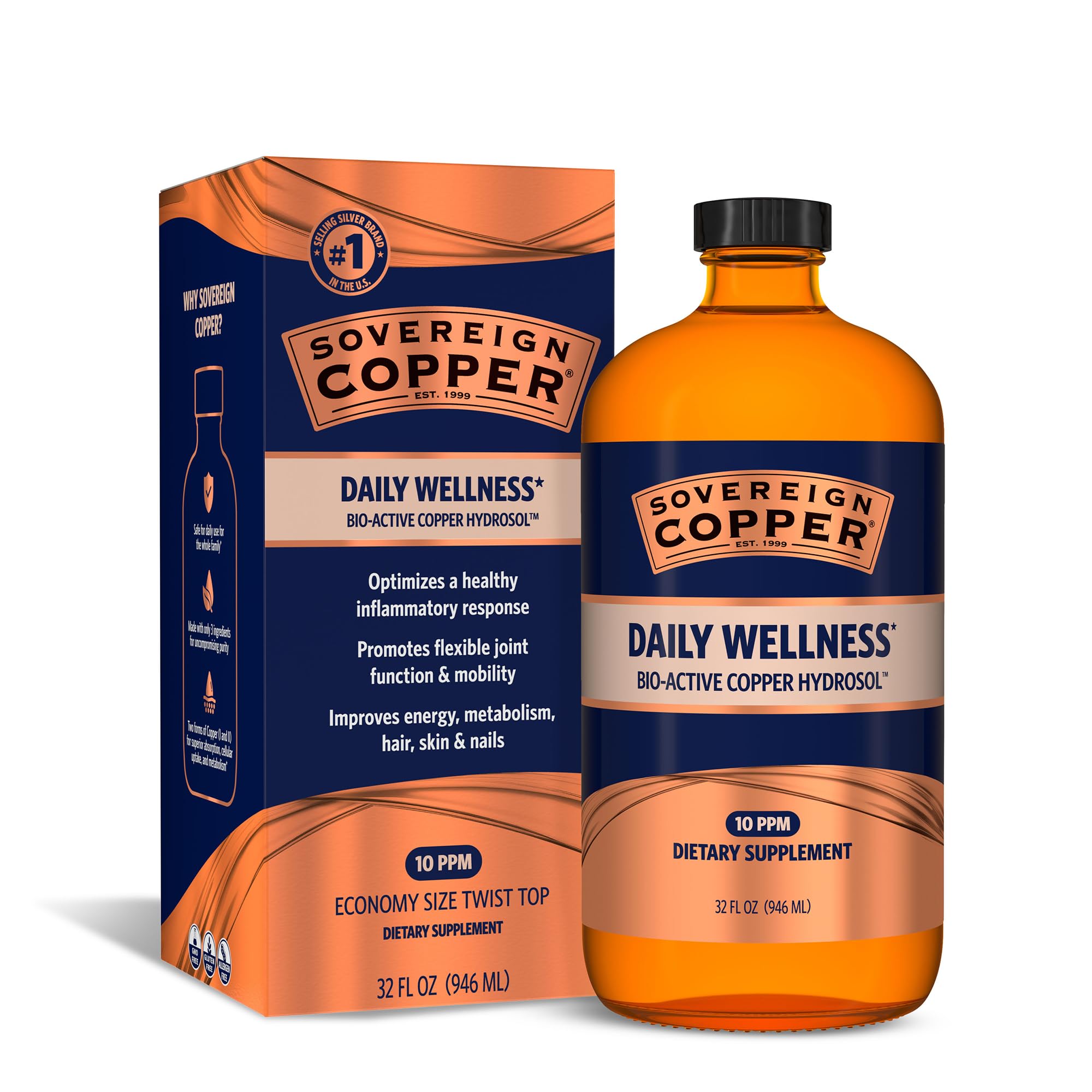 Sovereign Copper Bioactivo Hidrosol, botella en primer plano, apoya producción de colágeno para articulaciones