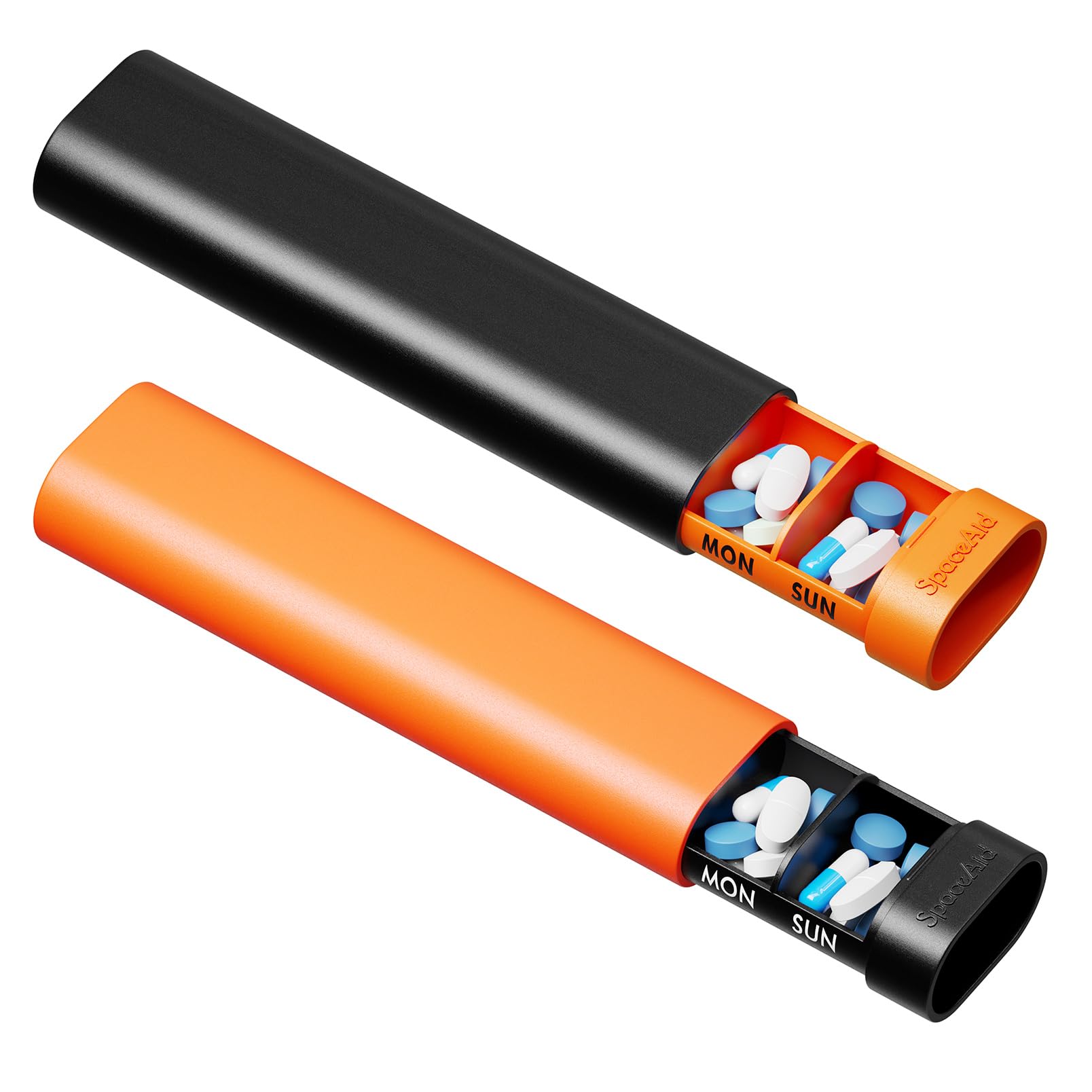SpaceAid organizador semanal de pastillas negro naranja, fácil de portar