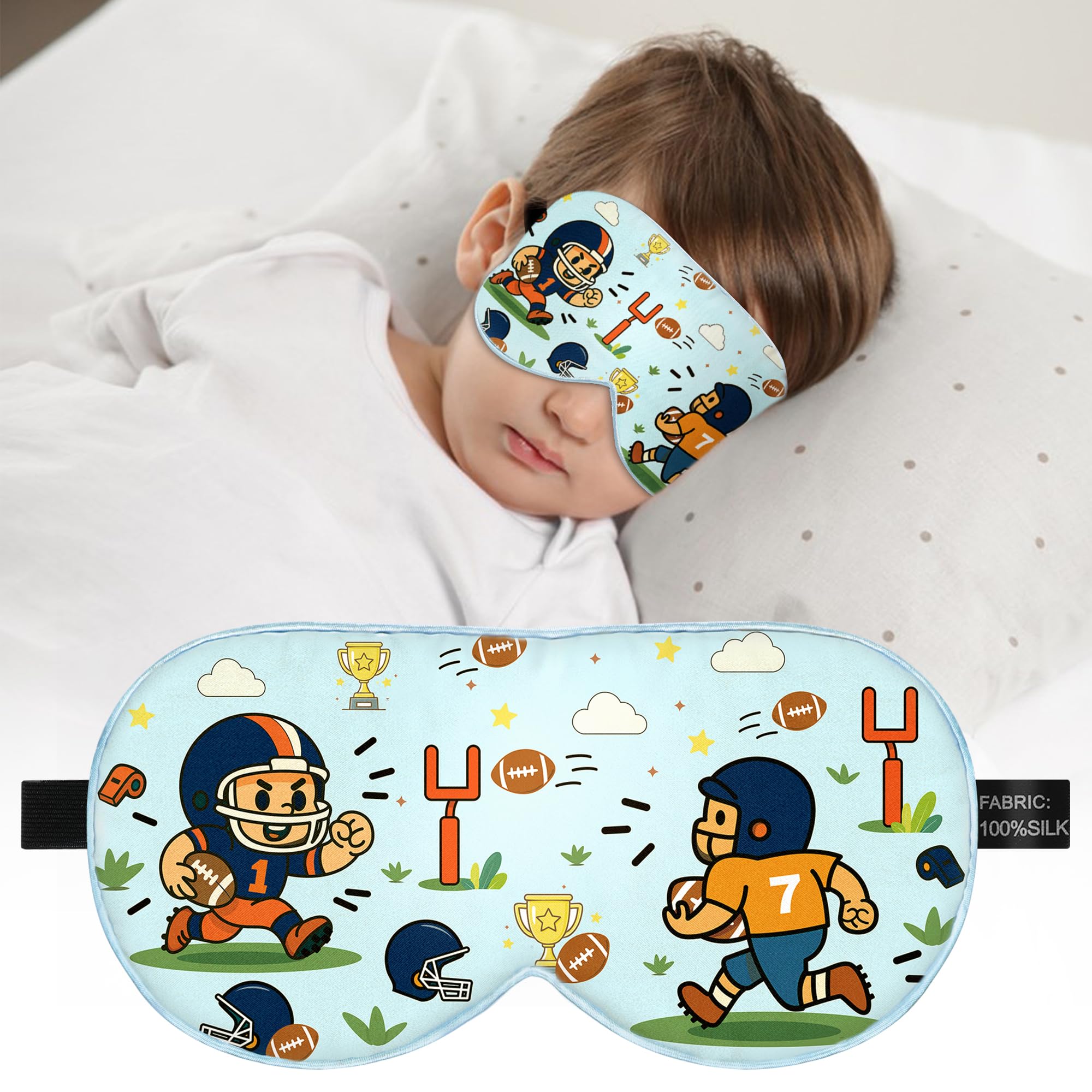 spacepower máscara infantil, vista frontal, estilo fútbol, seda suave para dormir mejor.