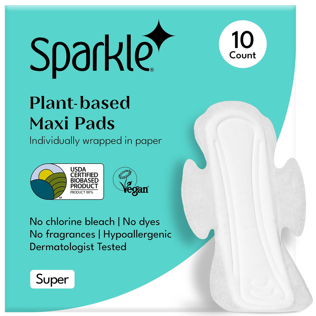 Sparkle empaque de almohadillas sanitarias, útil para uso diario durante el periodo.