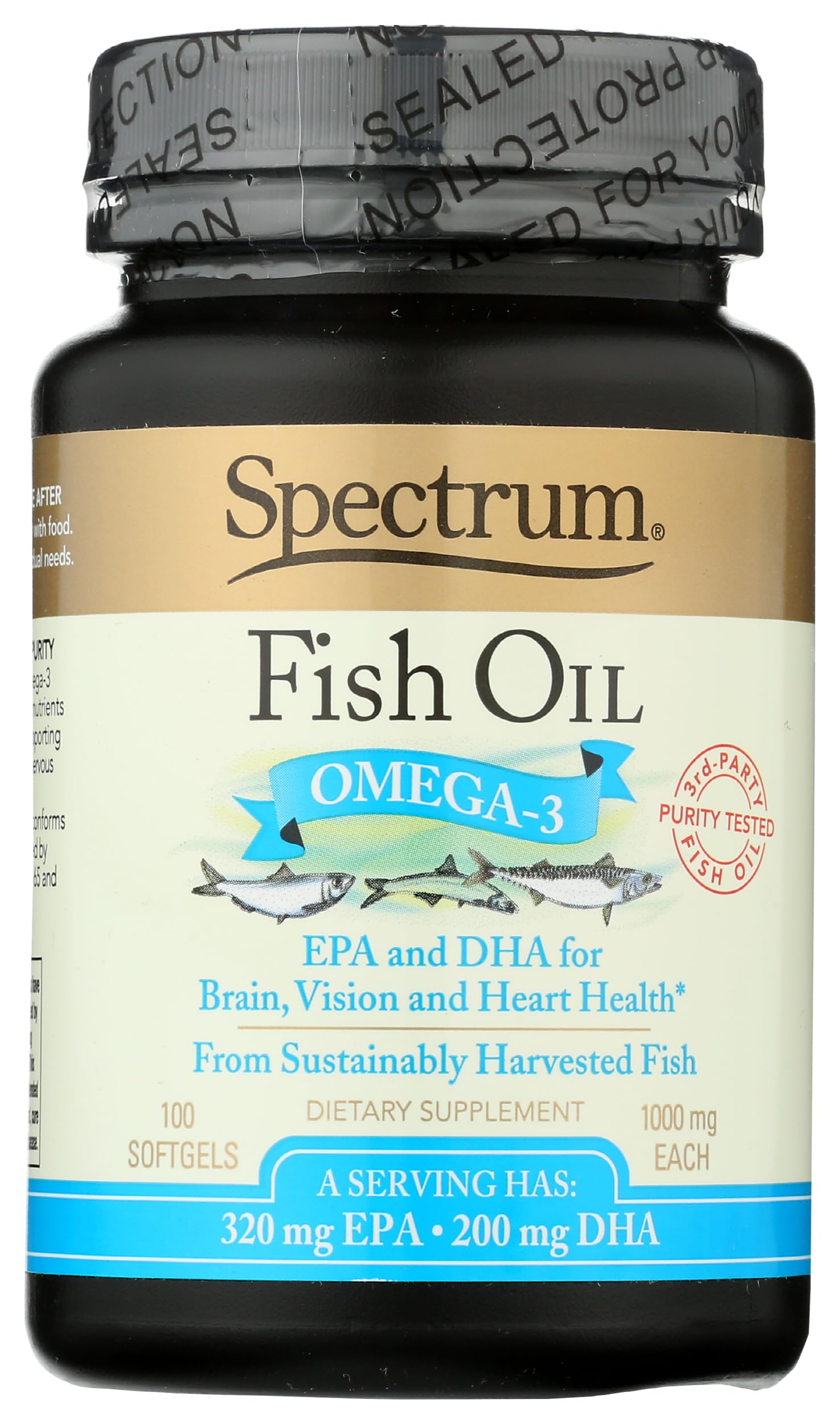 Spectrum Essentials Aceite de Pescado frente a la botella, apoyo a la salud cardíaca.