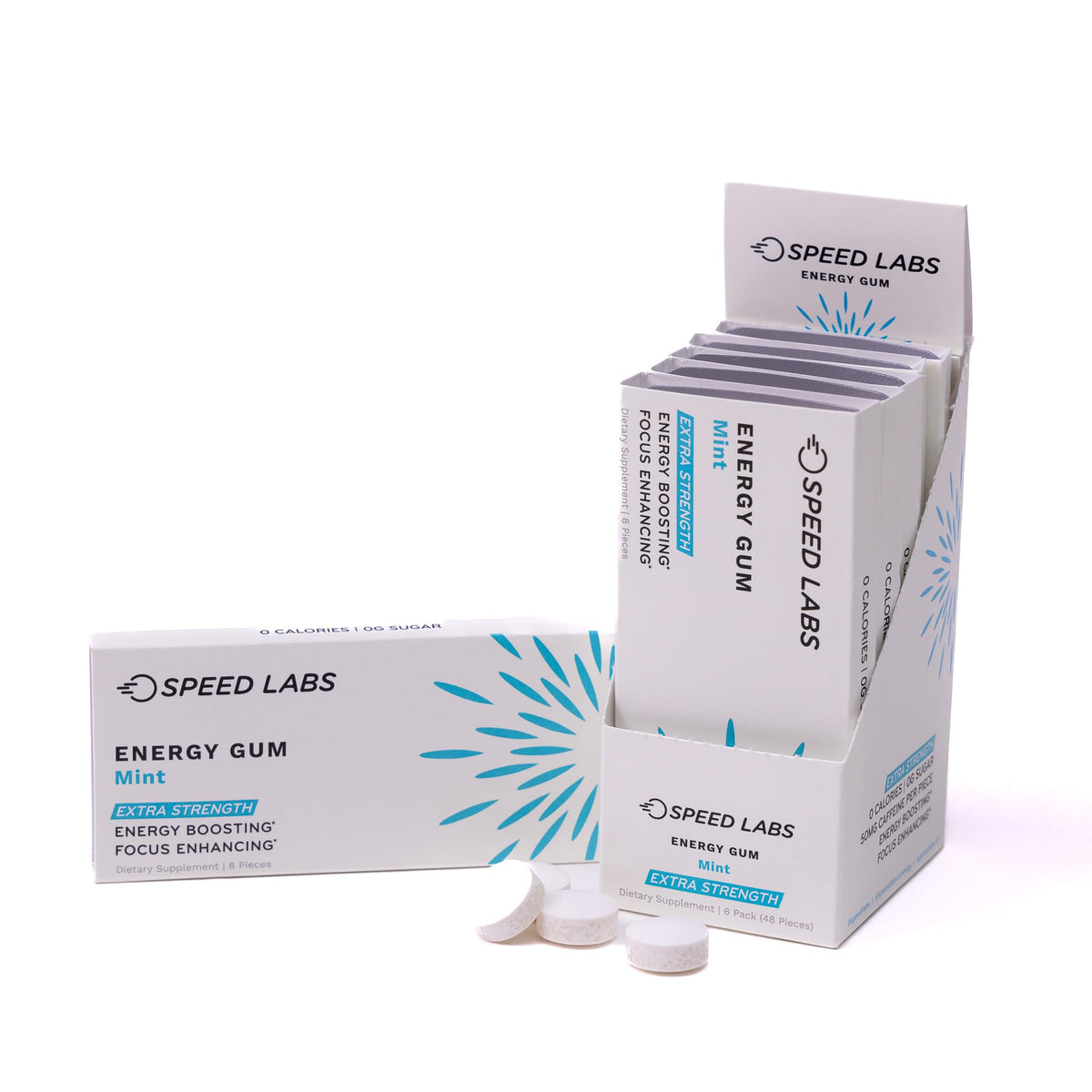 Speed Labs Goma energizante con cafeína y menta, empaque práctico para transporte.