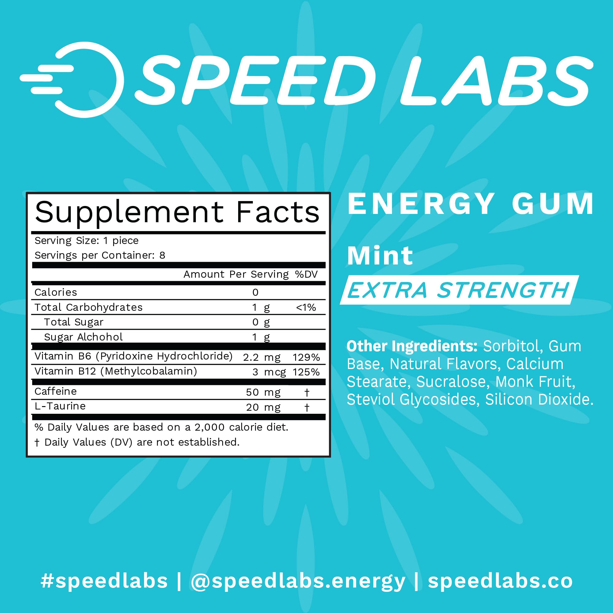 Speed Labs Goma energizante, etiqueta clara para uso seguro.