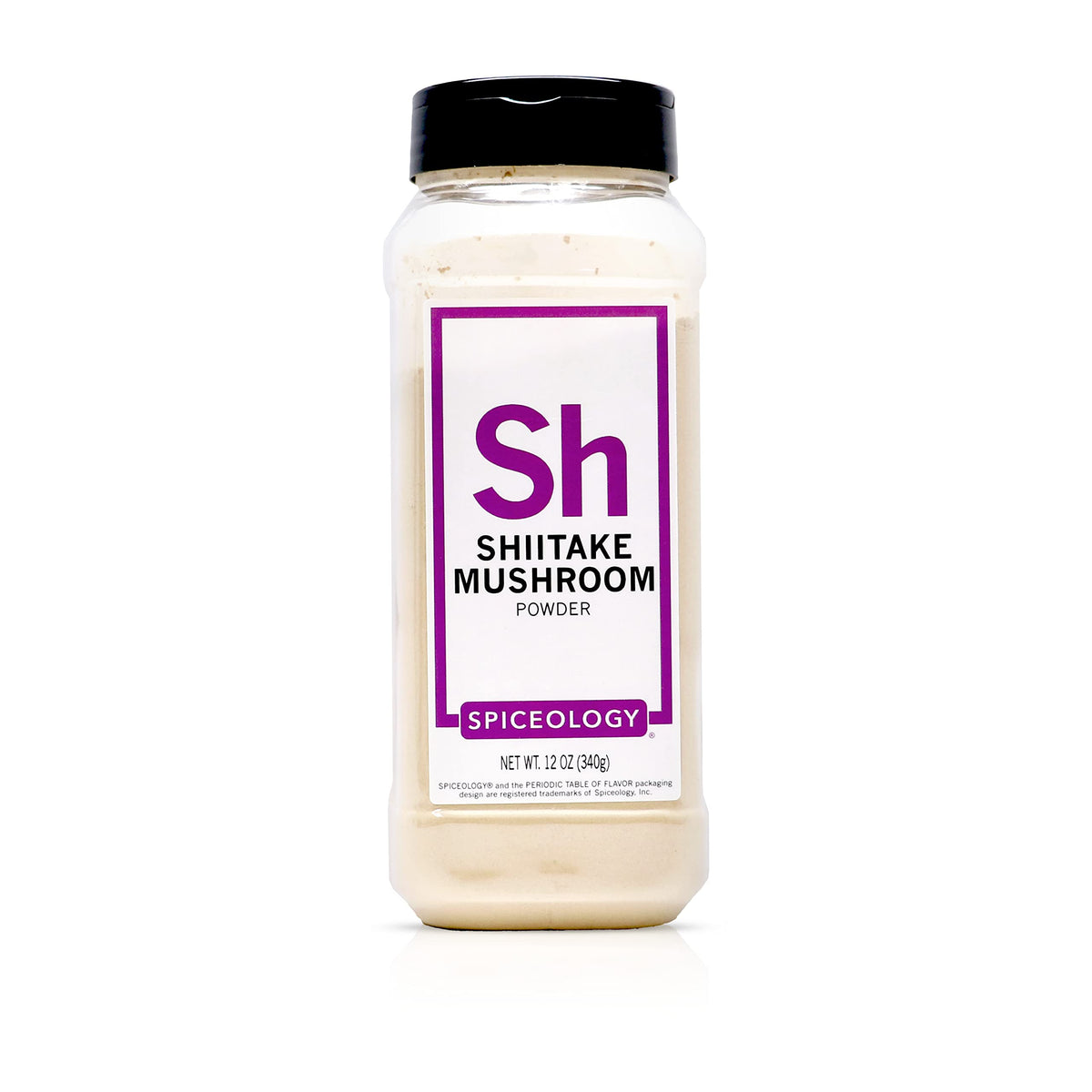 Polvo de shiitake Spiceology en envase, realza umami y intensidad en caldos y guisos.
