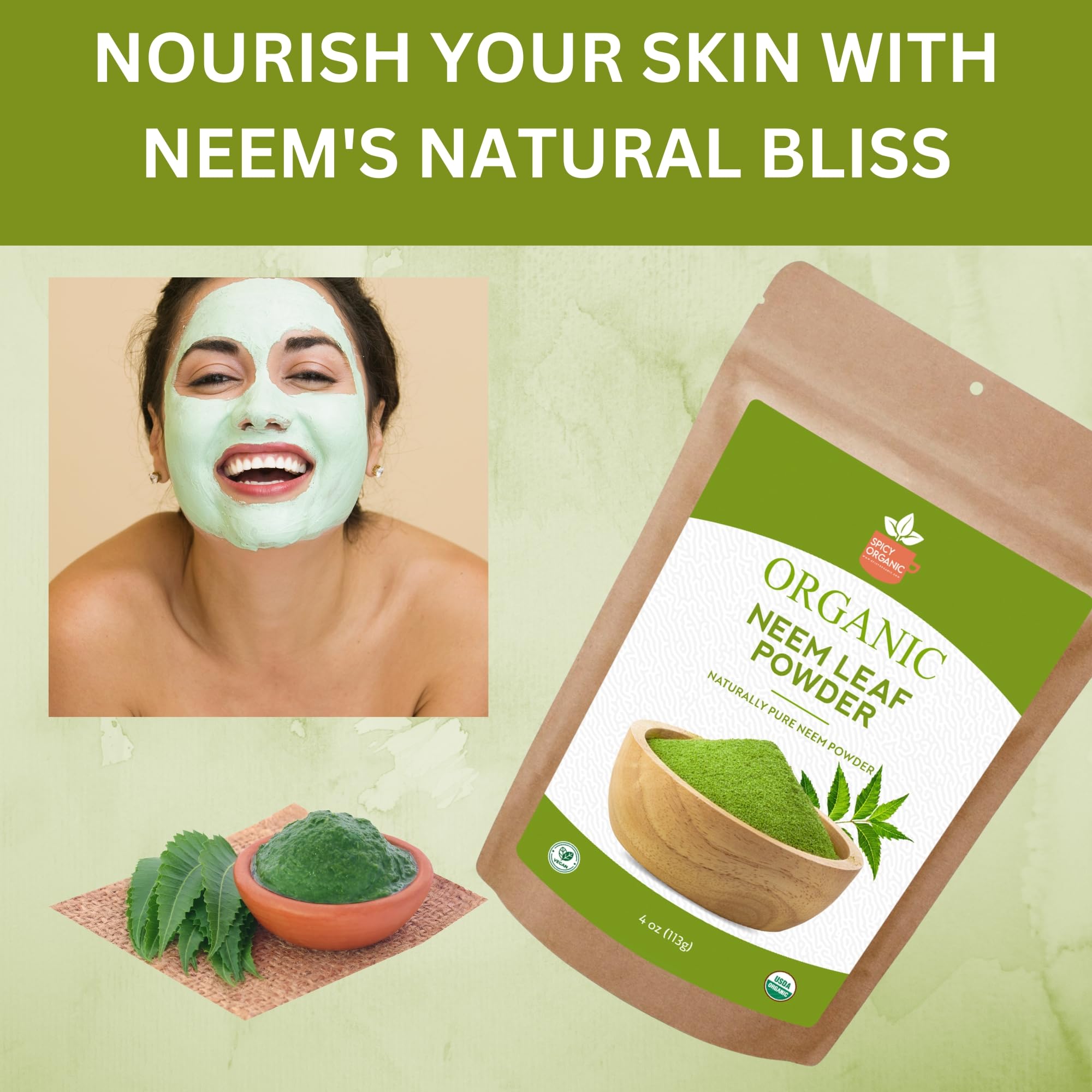 SPICY ORGANIC Neem Powder, aplicación tópica para piel calmada.