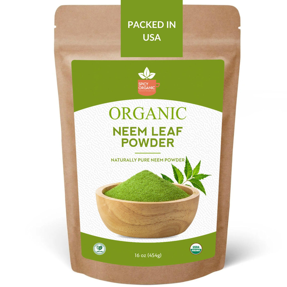SPICY ORGANIC Neem Powder en envase de 16 oz para cabello saludable y piel radiante.