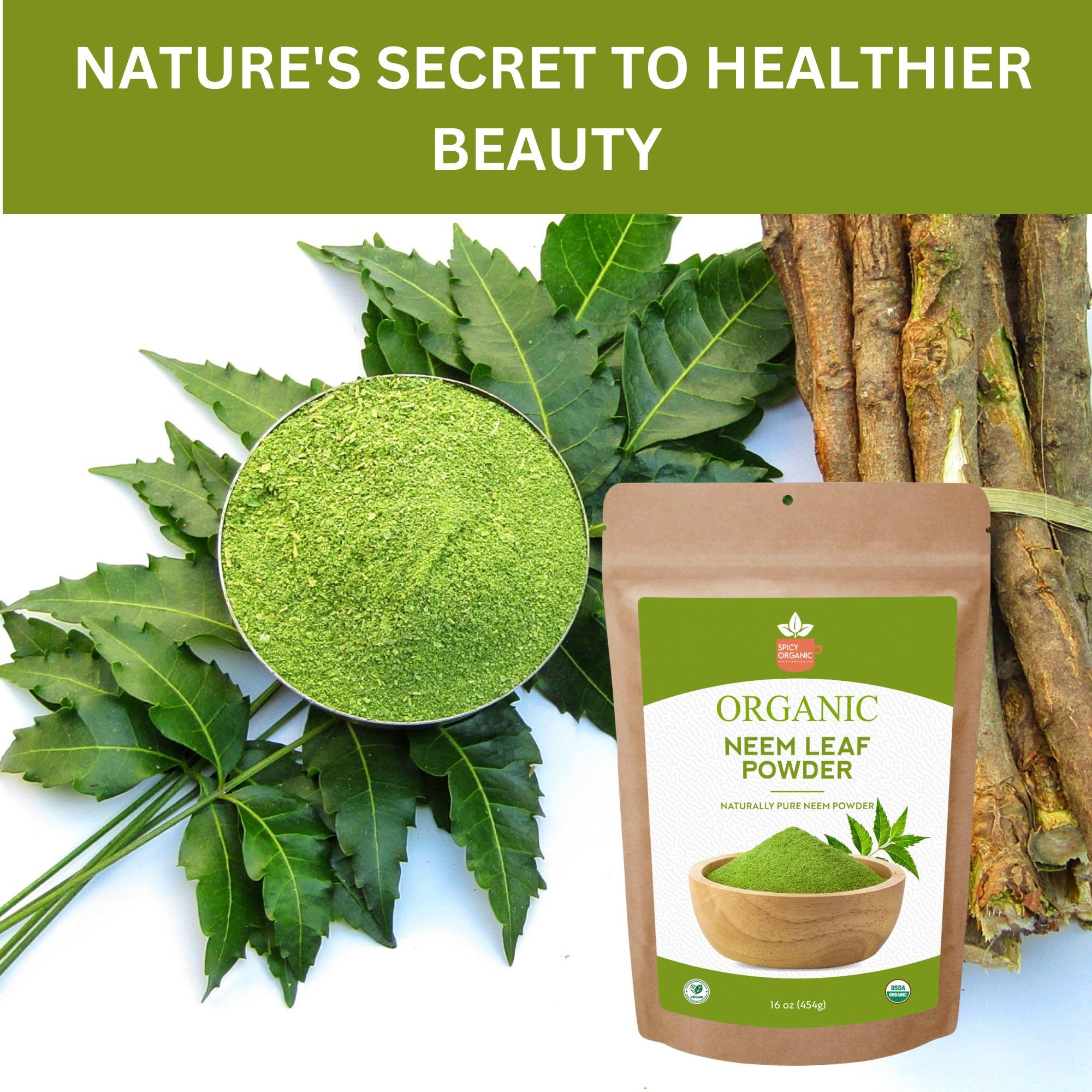 SPICY ORGANIC Neem Powder, polvo fino para mezclas cosméticas.