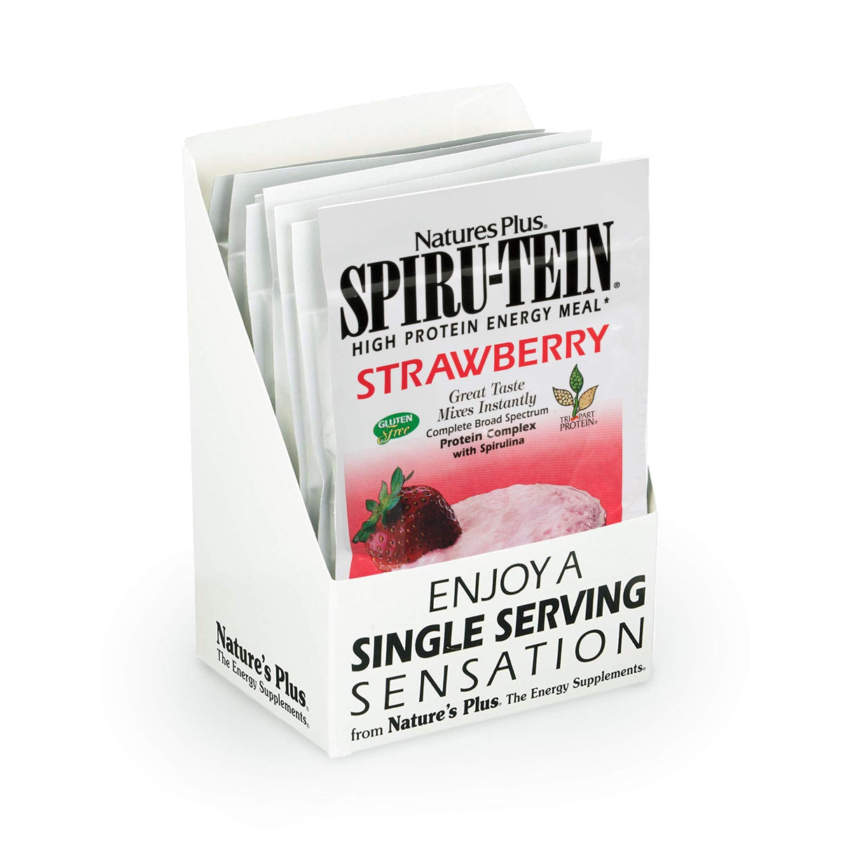 Nature's Plus SpirU-Tein en paquetes, sabor fresa para merienda rápida.