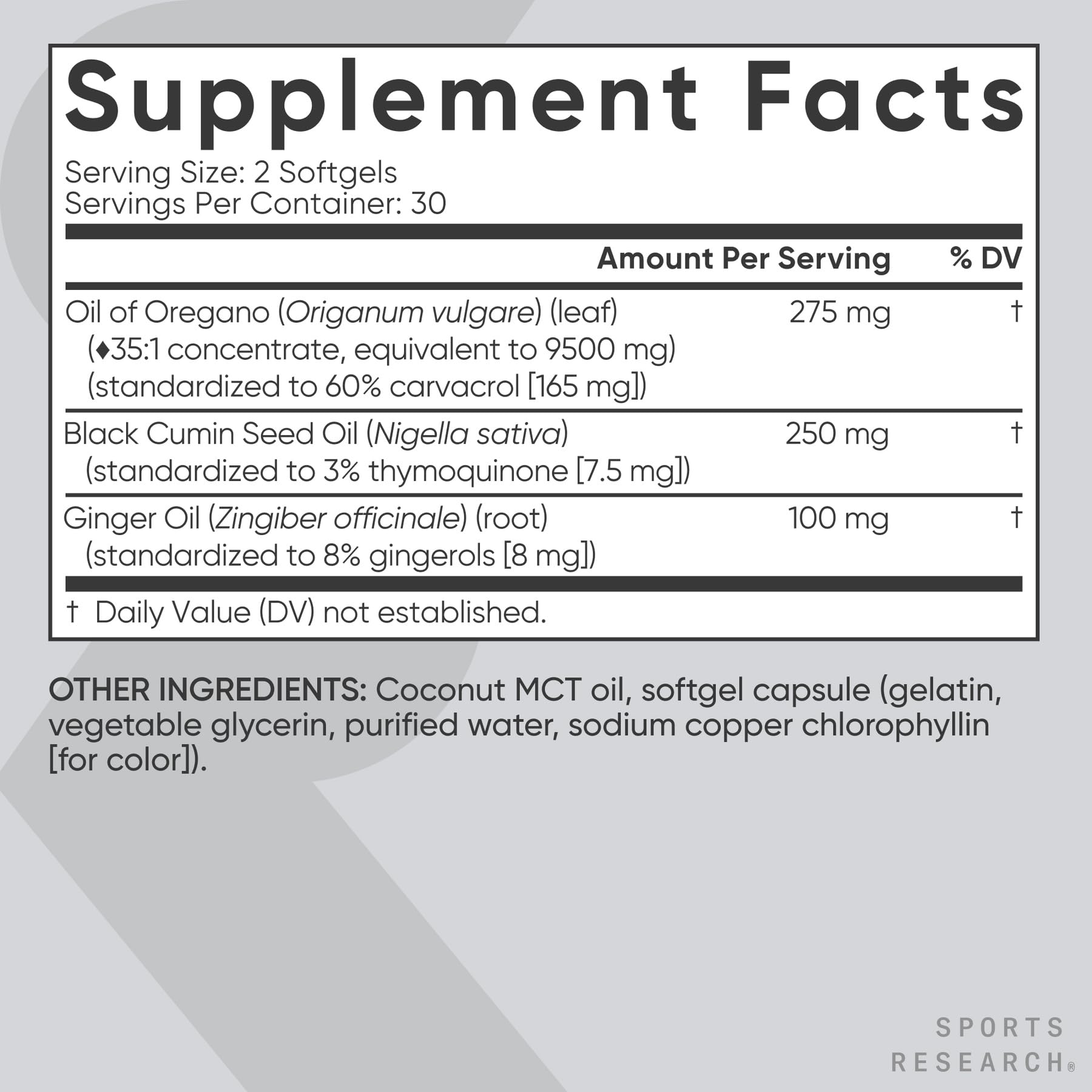 Sports Research Aceite de oregano 9500mg con etiqueta frontal clara.