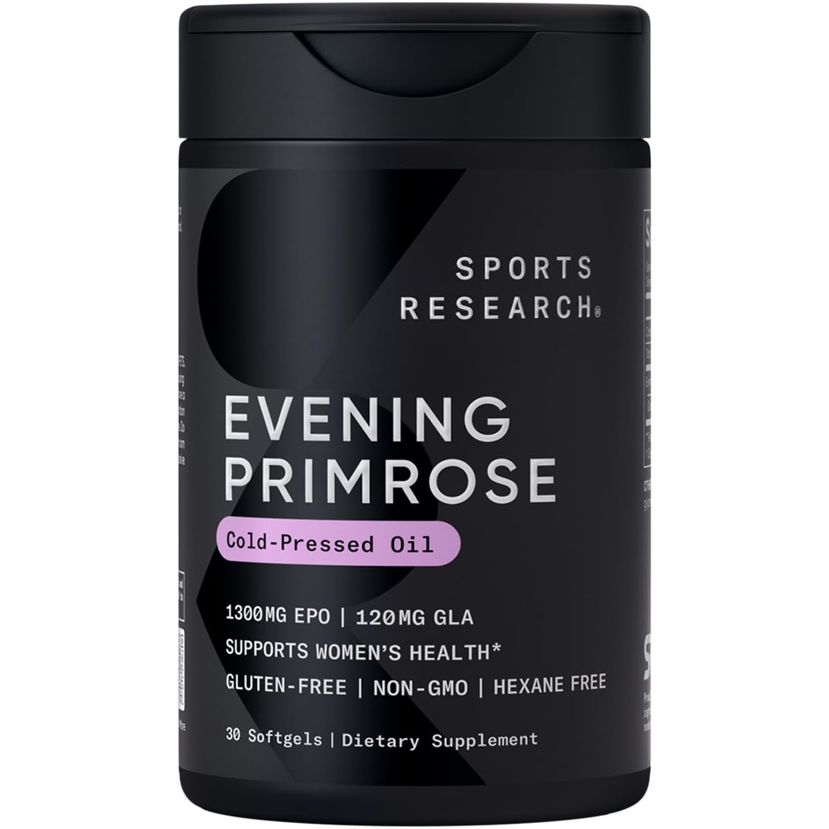 Sports Research aceite prímula prensado en frío en botella, apoyo a la salud femenina.