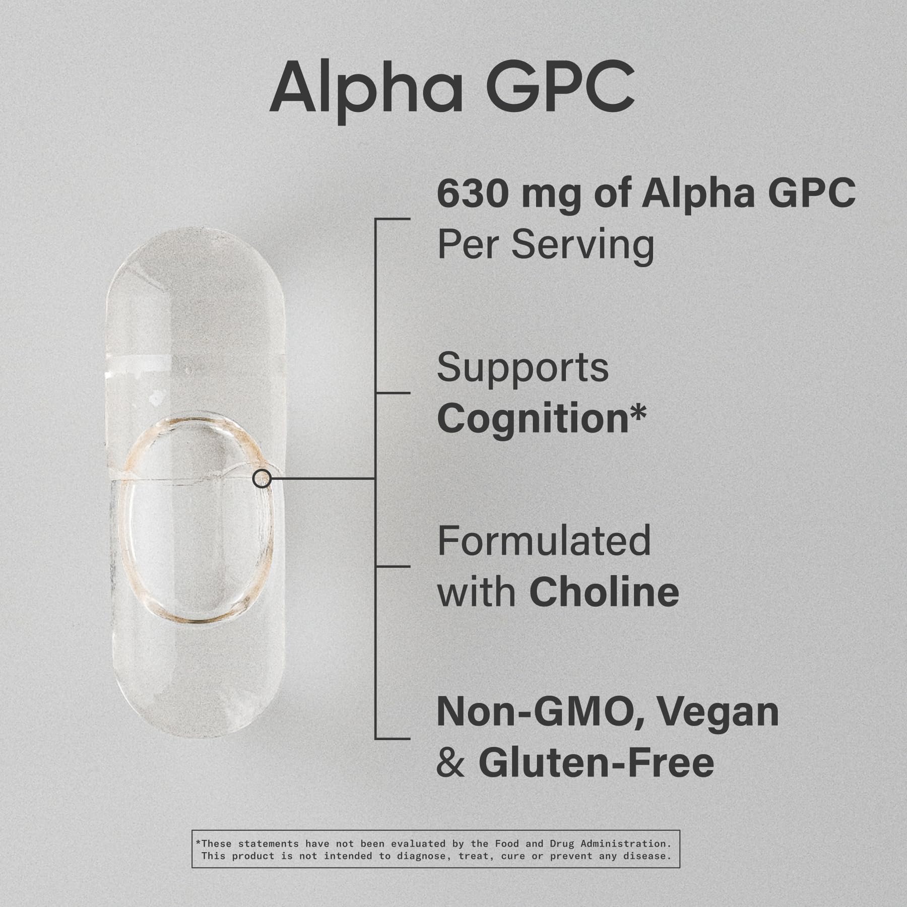 Sports Research Alpha GPC 630 mg: etiqueta frontal destacando la fórmula vegana