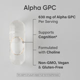 Sports Research Alpha GPC 630 mg: etiqueta frontal destacando la fórmula vegana