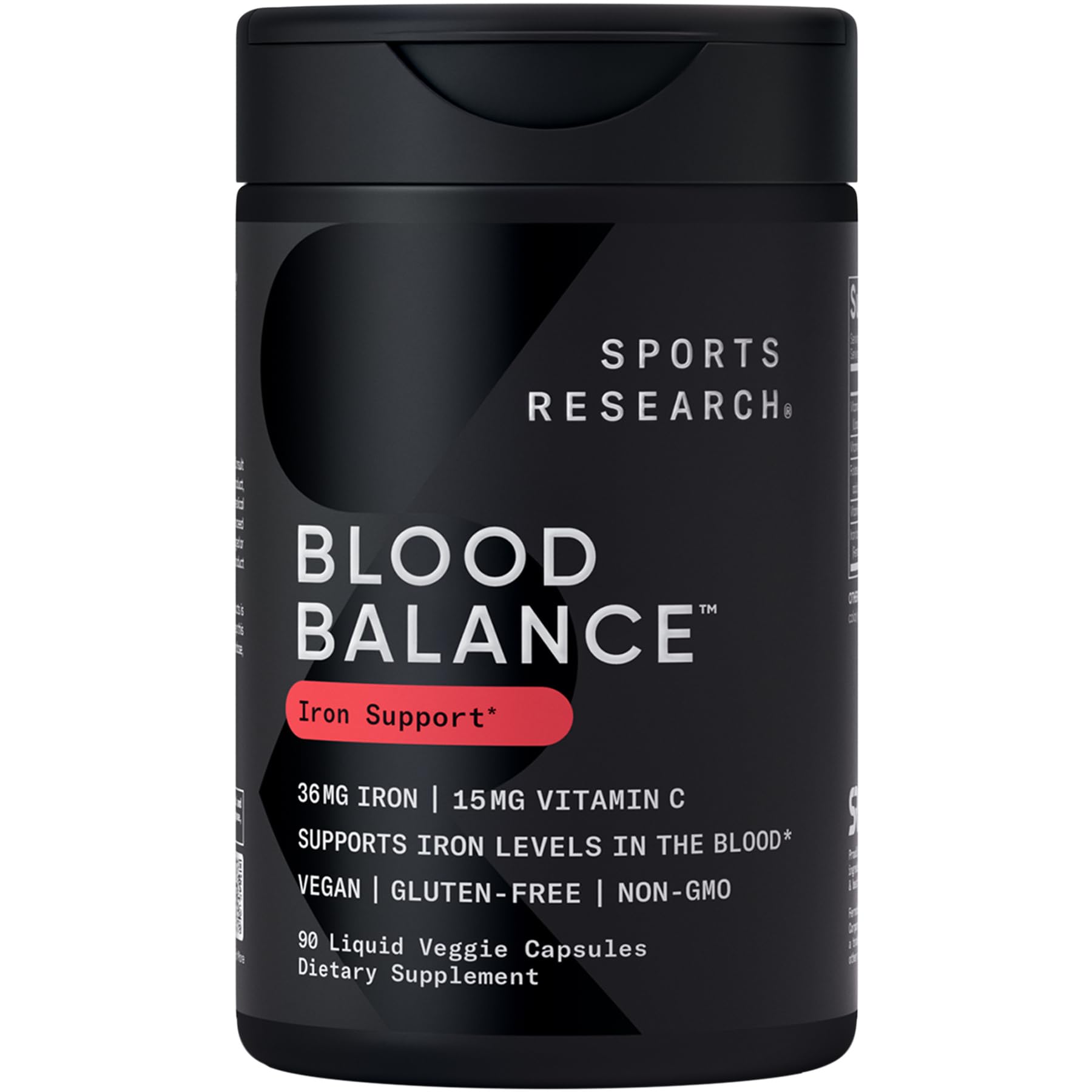 Sports Research Blood Balance frasco con etiqueta, apoyo a niveles de hierro saludables.