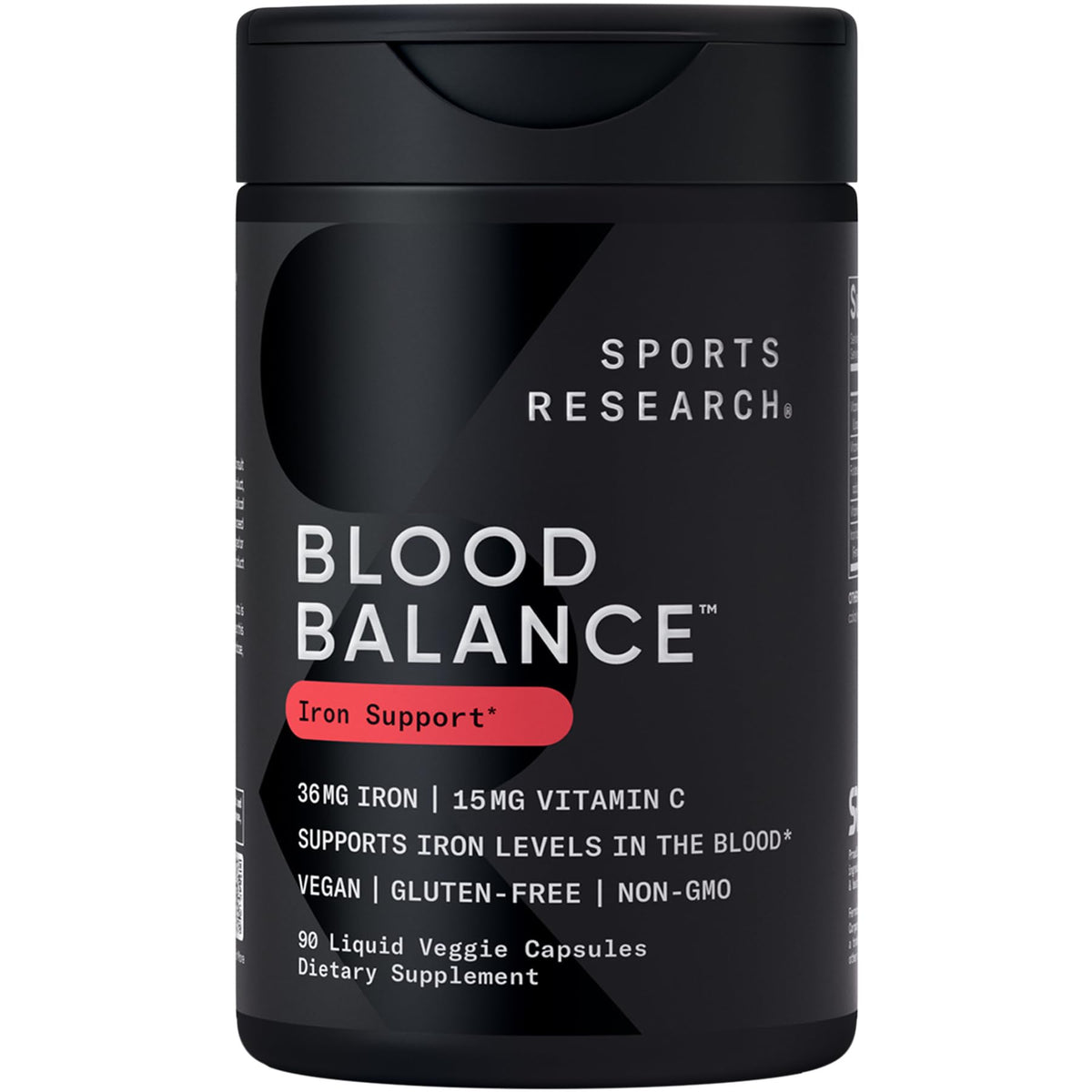Sports Research Blood Balance frasco con etiqueta, apoyo a niveles de hierro saludables.