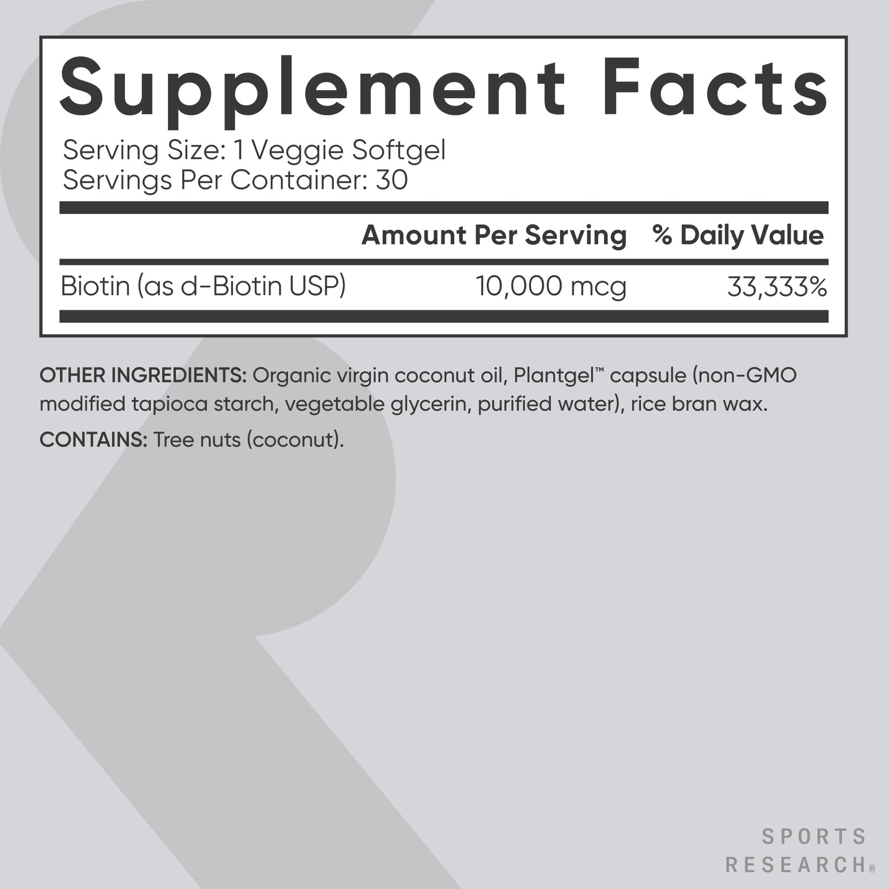 Sports Research Biotina 10,000 mcg presentación sin gluten ni soja.