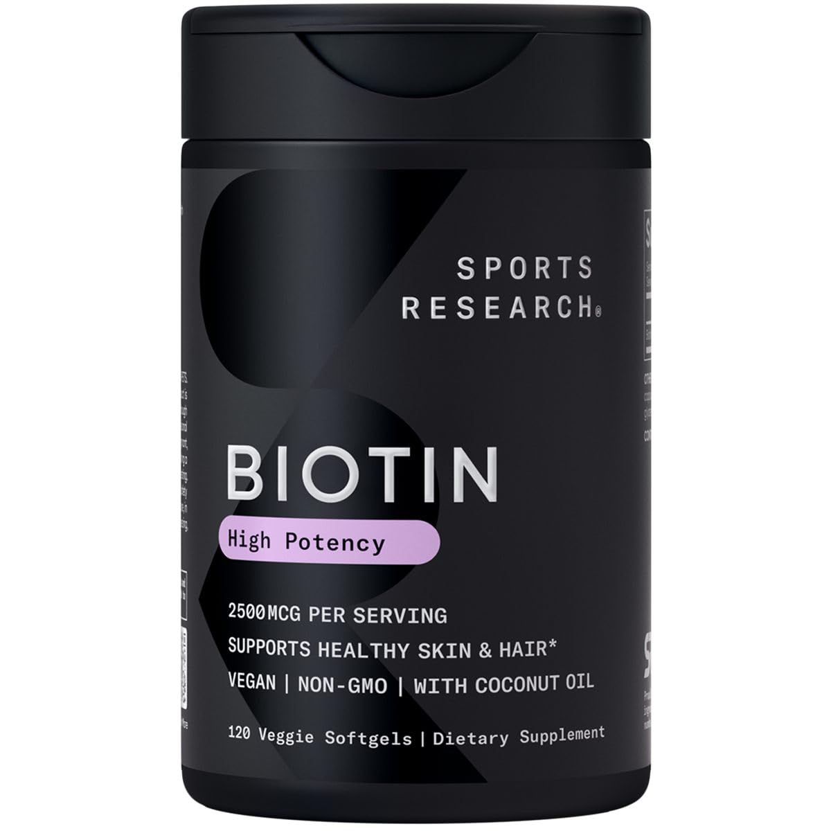 Sports Research Biotina 2,500 mcg en botella con aceite de coco para piel y cabello.