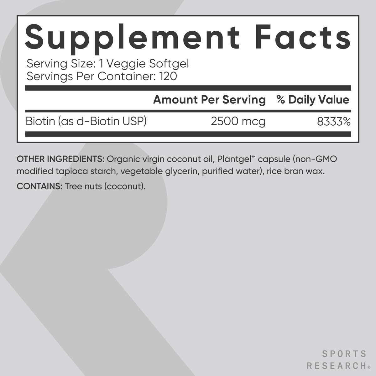 Sports Research Biotina 2,500 mcg, embalaje frontal para uso diario.