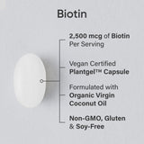 Sports Research Biotina 2,500 mcg, etiqueta detallada para uso diario.