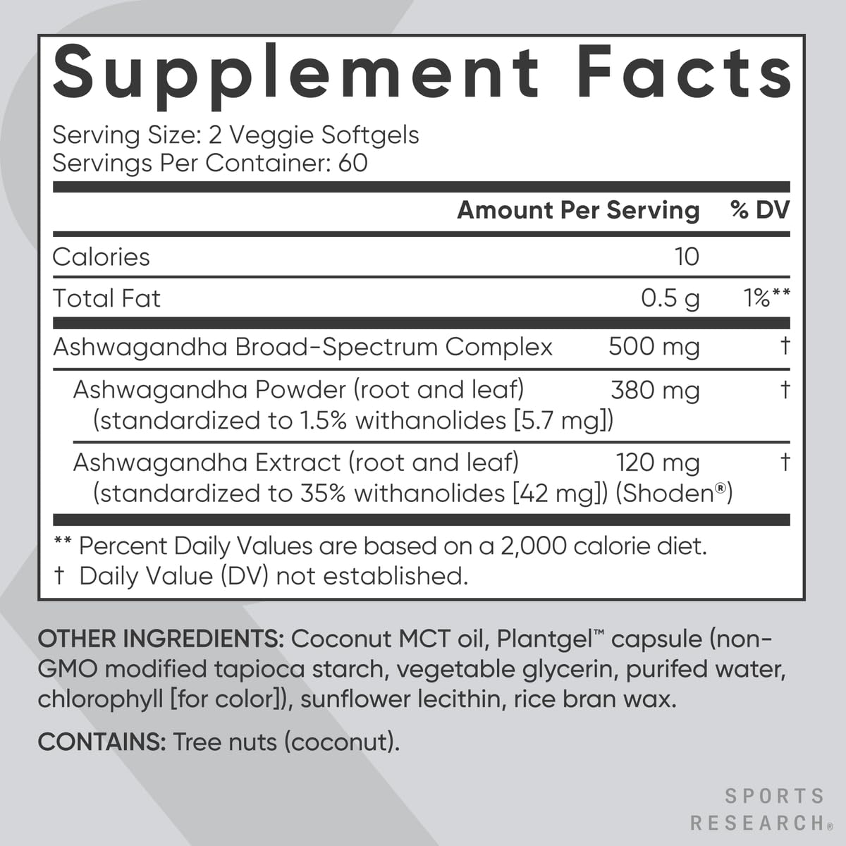 Botella Sports Research Ashwagandha, 120 cápsulas, uso diario recomendado.