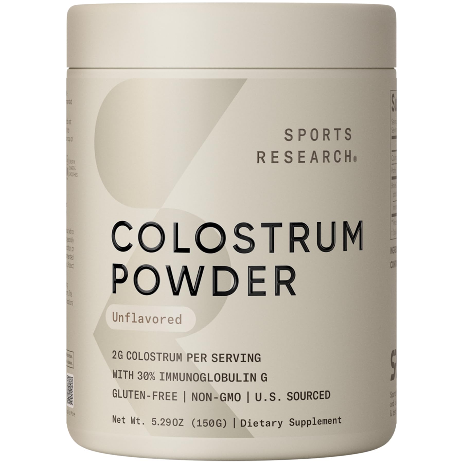 Sports Research Calostro Bovino en polvo sin sabor que se disuelve fácilmente en bebidas.