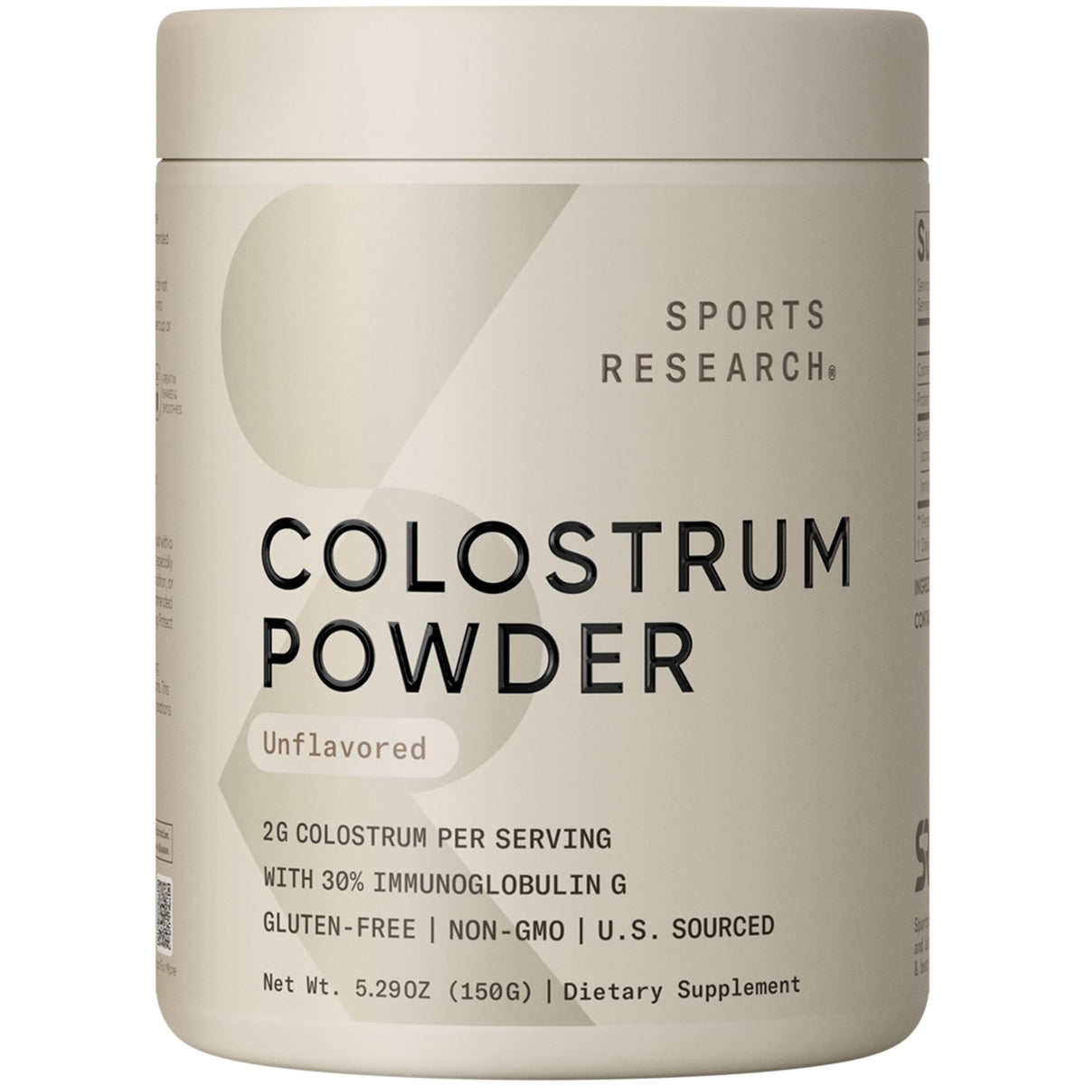 Sports Research Calostro Bovino en polvo sin sabor que se disuelve fácilmente en bebidas.