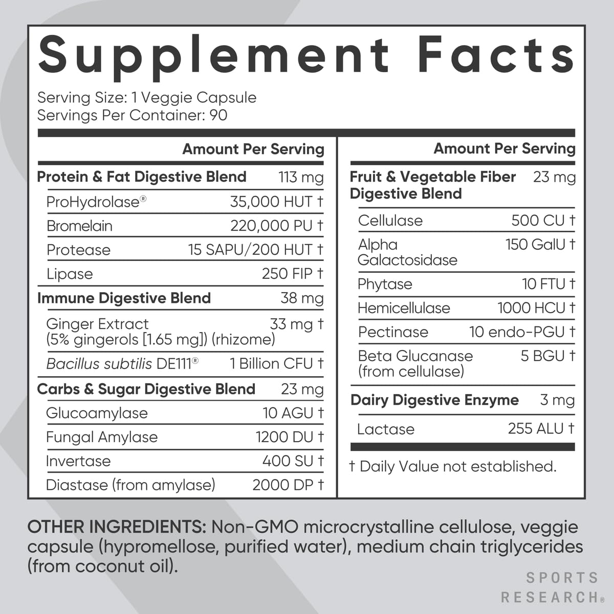 Sports Research: cápsulas veganas para apoyar la digestión de proteínas y carbohidratos.