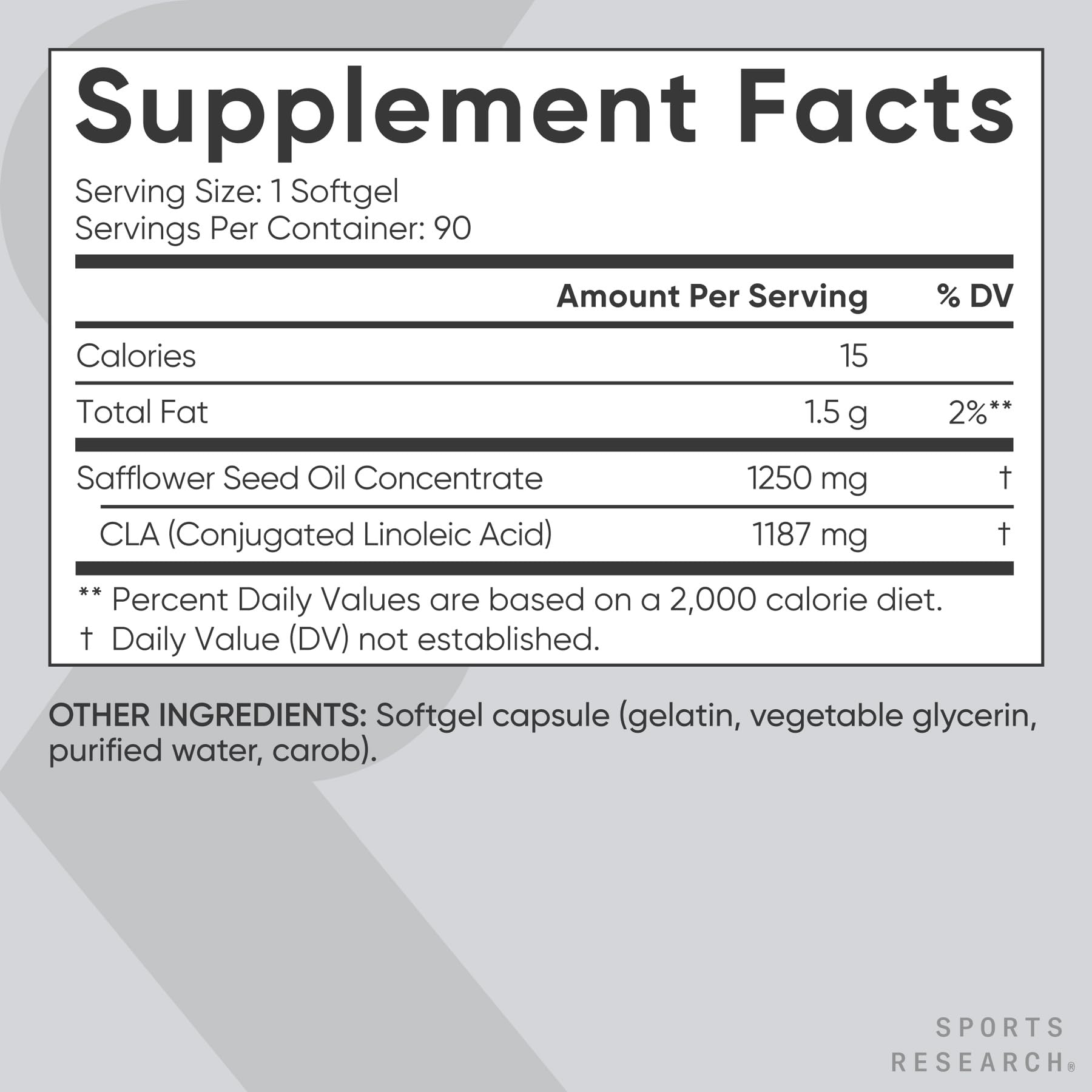 Sports Research CLA 1250mg, etiqueta clara, información útil para uso