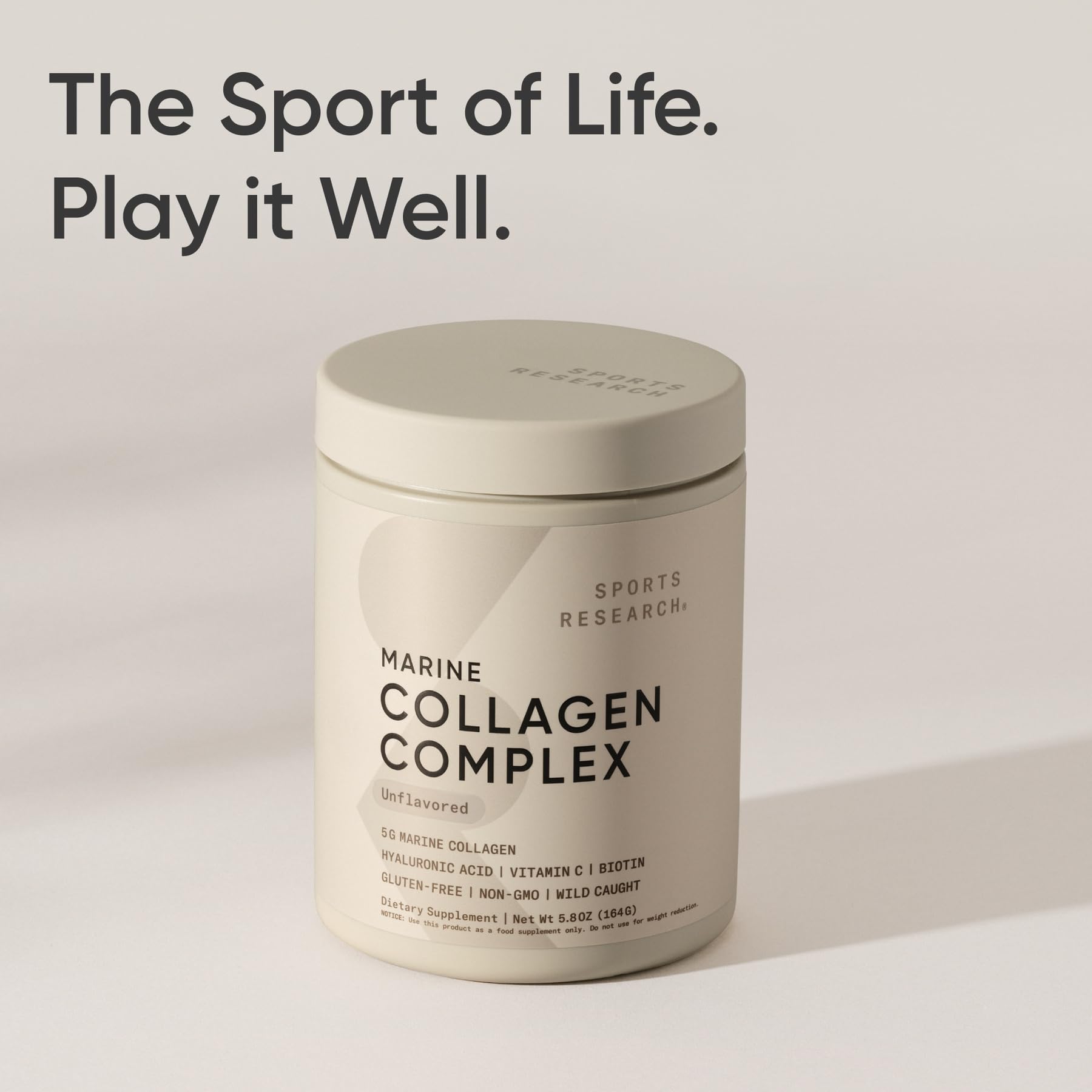Sports Research Collagen Beauty Complex, contiene hialuronico y vitamina C para apoyo general.