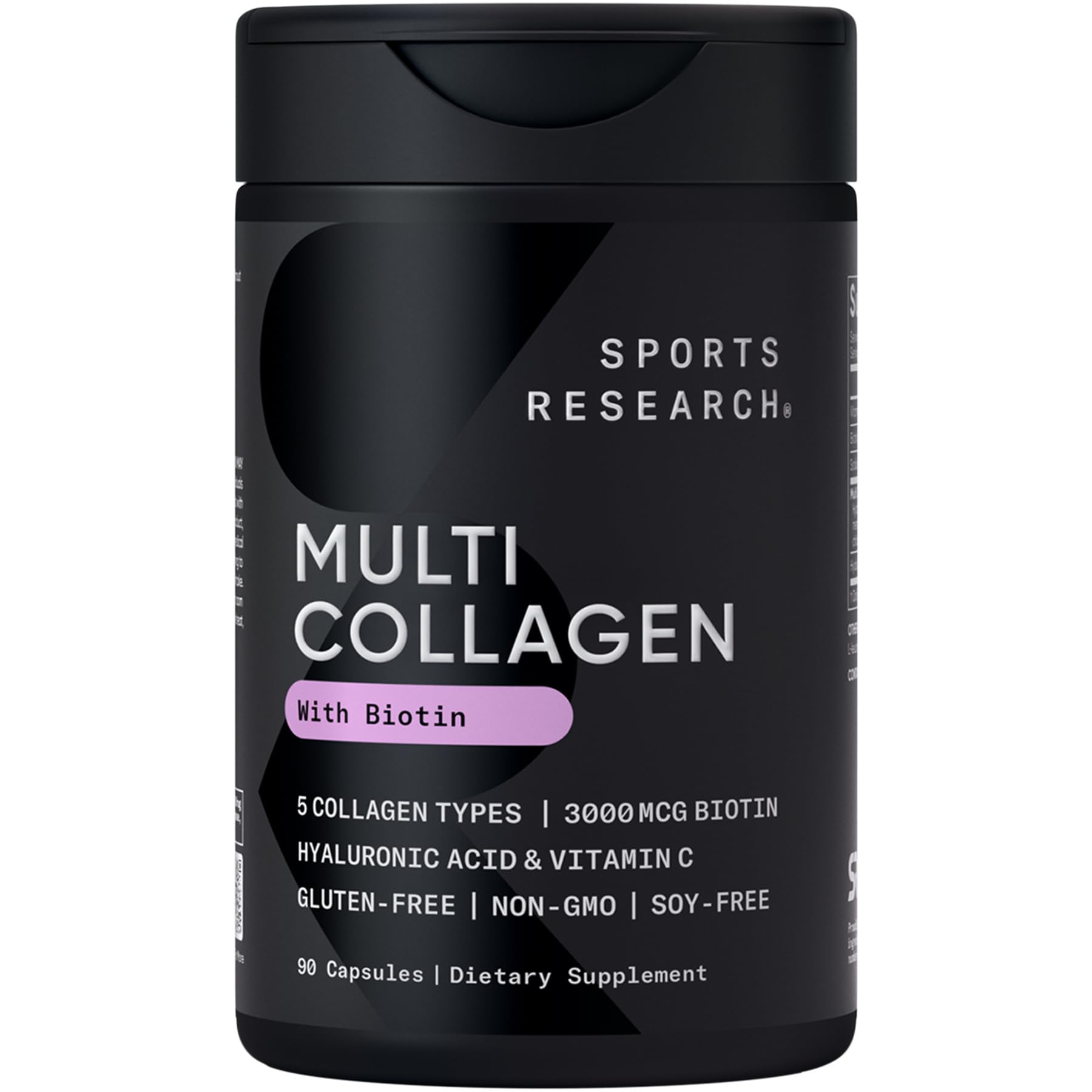 Sports Research colágeno multi con biotina en botella para cabello y piel.