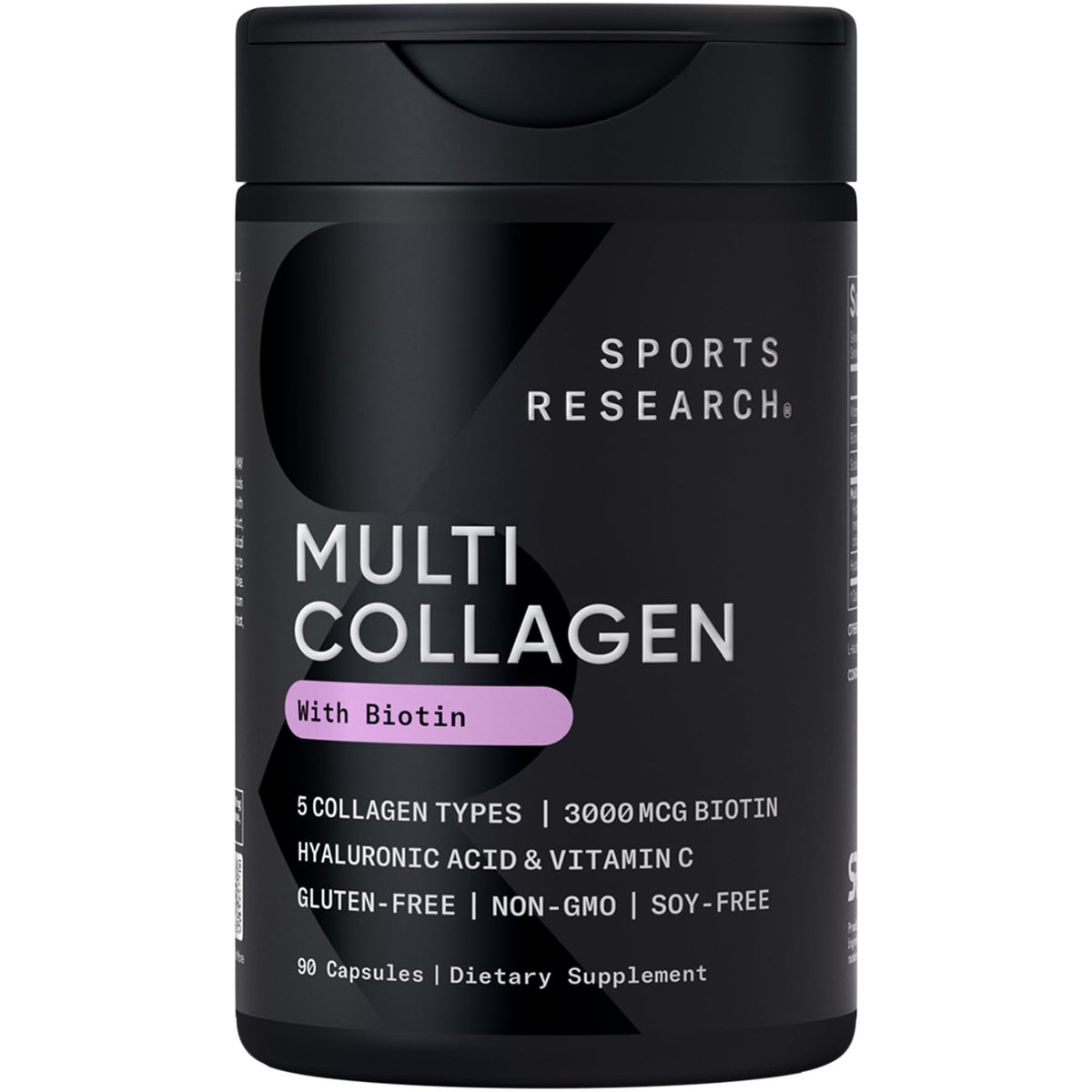 Sports Research colágeno multi con biotina en botella para cabello y piel.