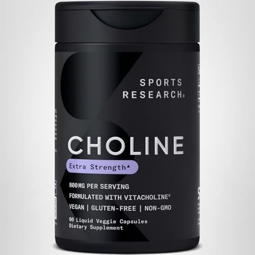 Sports Research Colina 800 mg, frasco de 60 cápsulas, dosis diaria conveniente.
