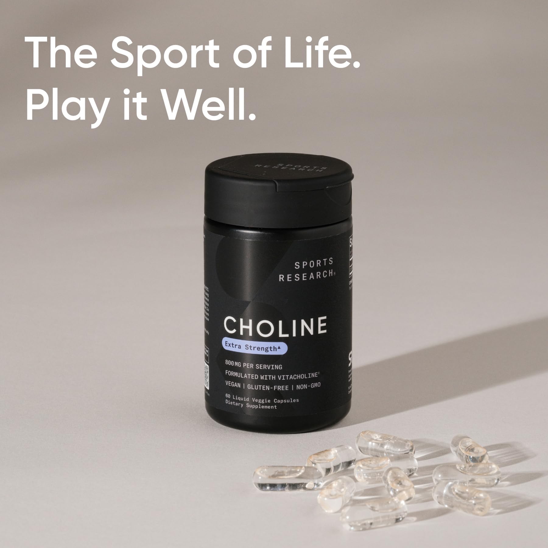 Sports Research Colina 800 mg, sin gluten para dietas especiales y rendimiento diario.