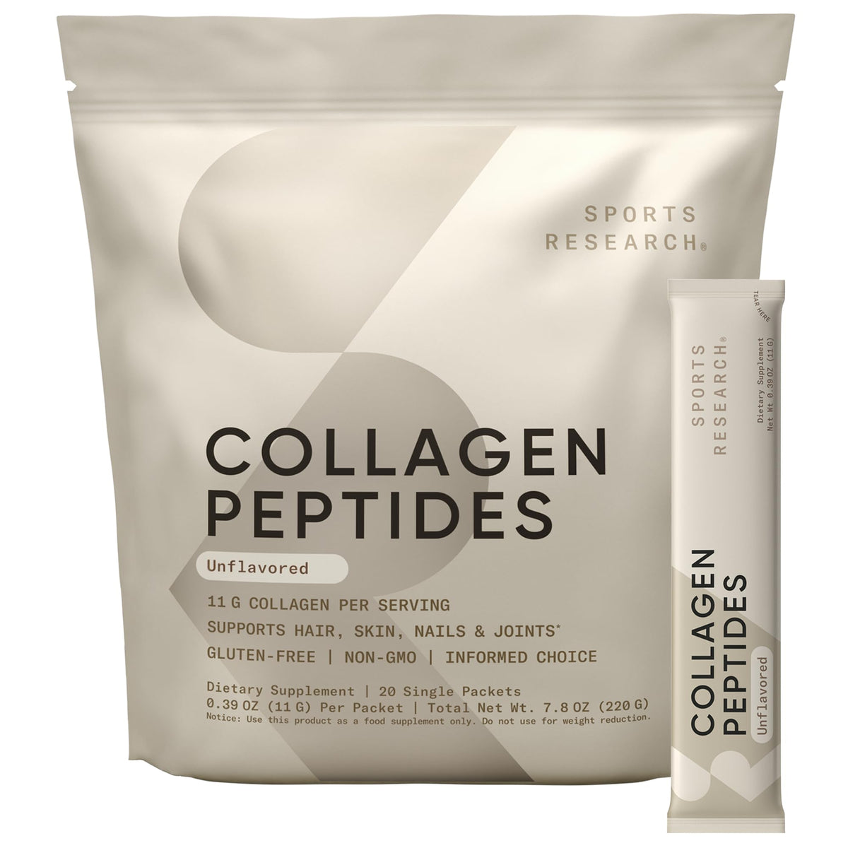 Sports Research Colágeno Peptides, botella para verter en bebidas, ideal para la rutina diaria.