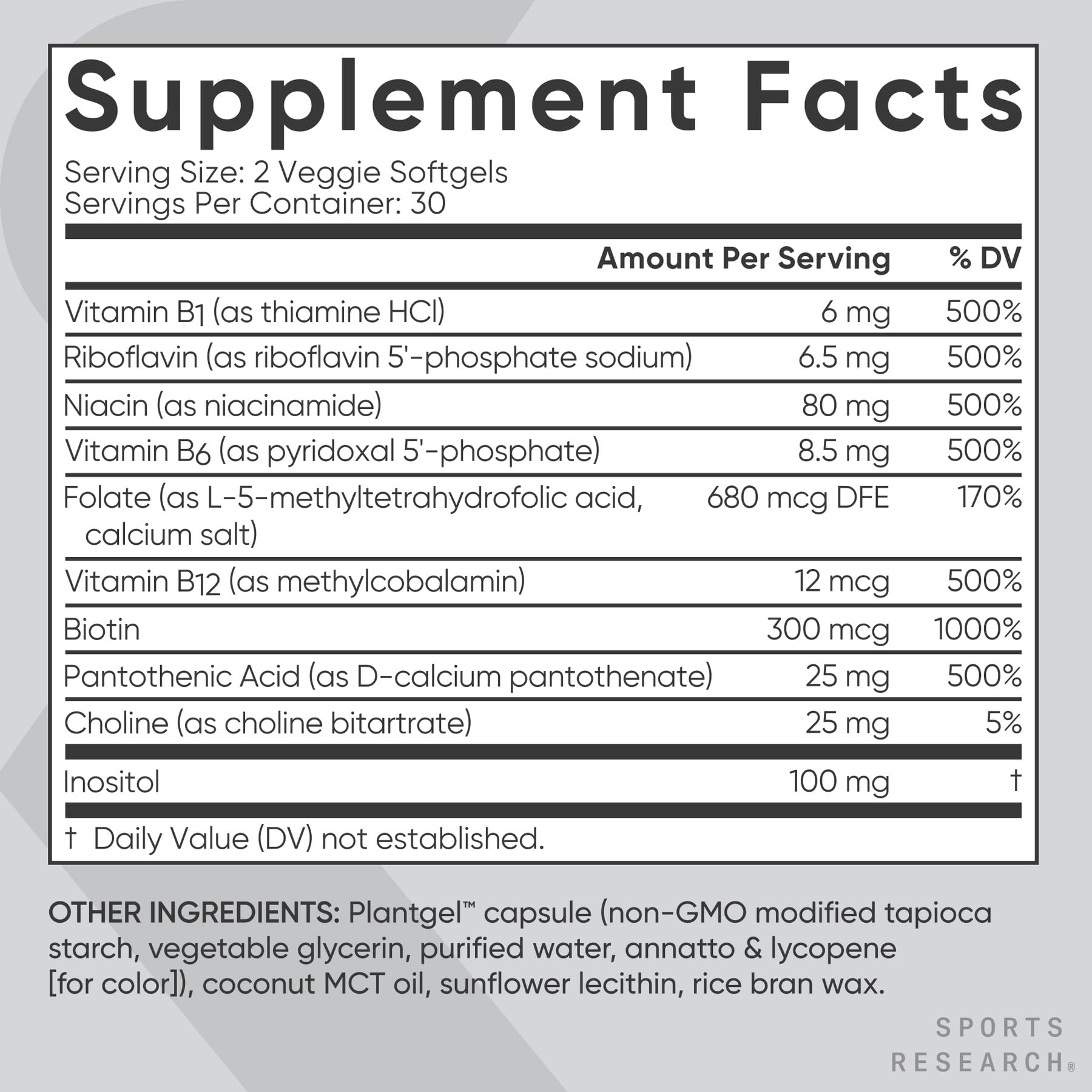 Sports Research Complejo de Vitaminas B, cápsulas en mano, dosis diaria conveniente.