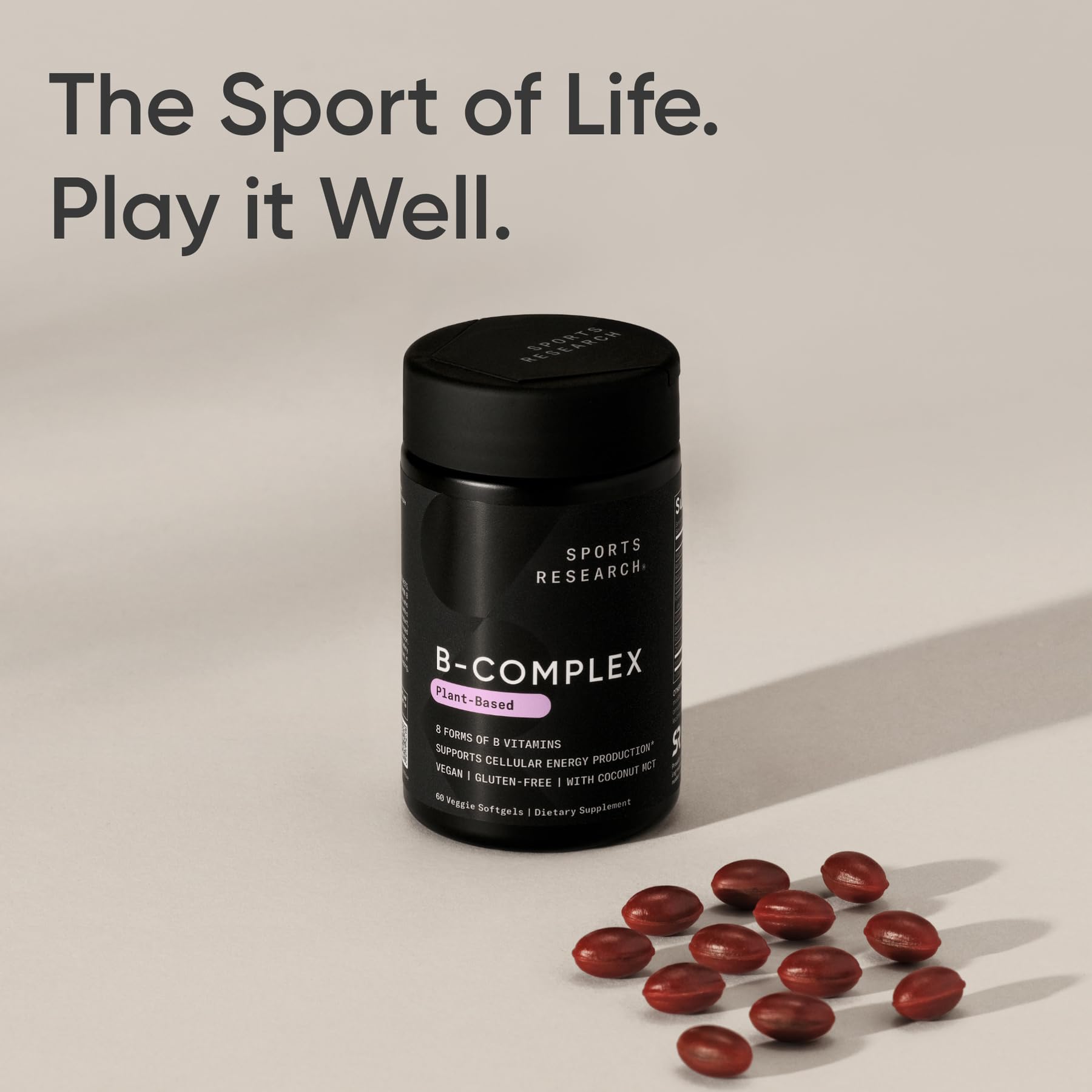 Sports Research Complejo de Vitaminas B, textura de cápsulas suaves, experiencia de uso suave.