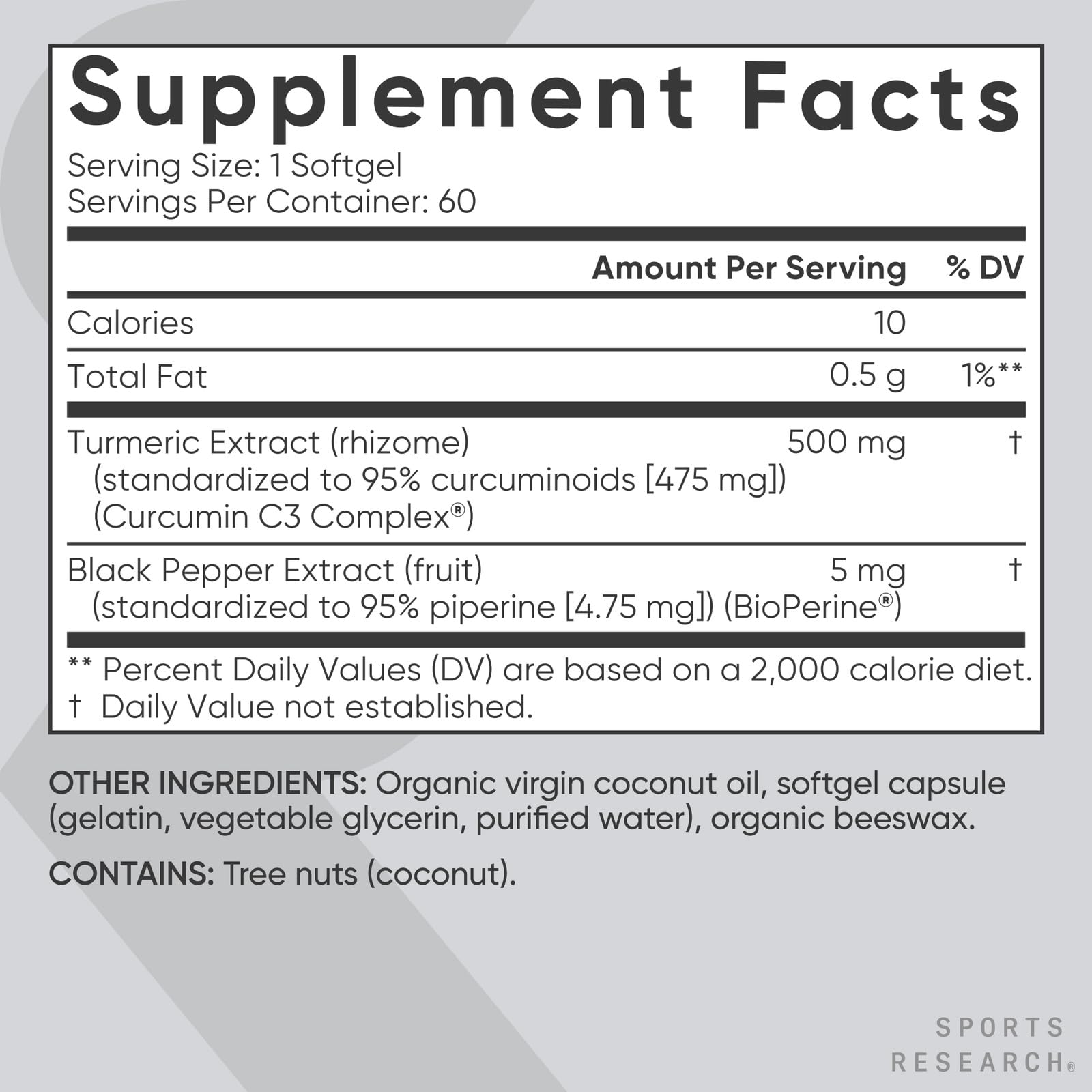 Sports Research Curcumin, ingredientes clave, fórmula de alta pureza para uso diario.
