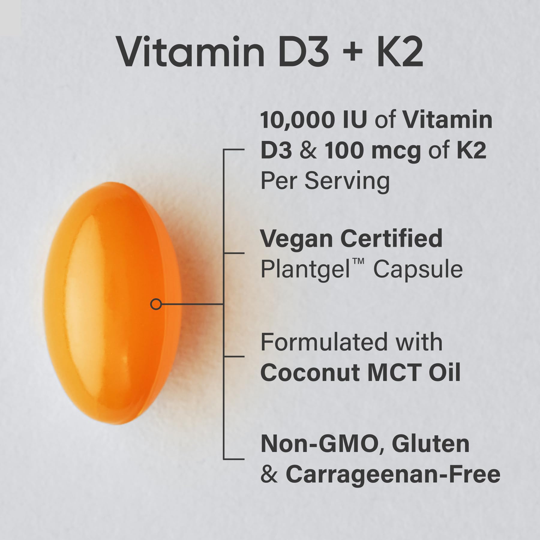 Sports Research D3 + K2, cápsulas en primer plano, absorción mejorada con aceite MCT