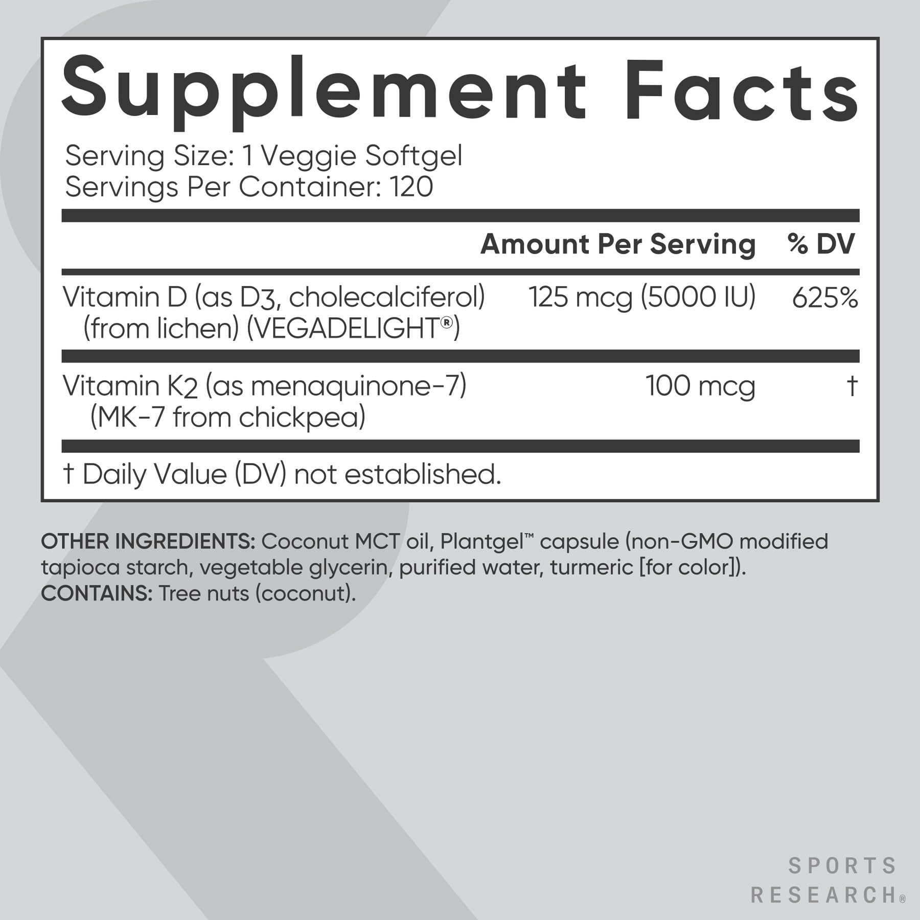 Sports Research D3 K2 Softgels: cápsulas aptas para dietas sin gluten